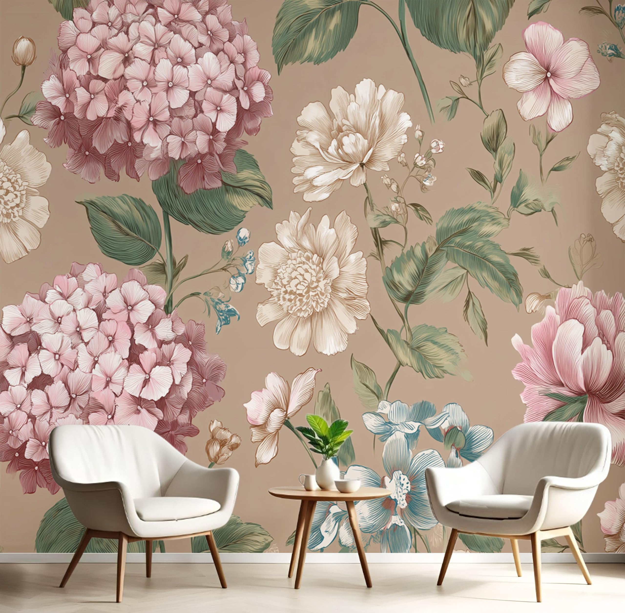 Papier peint panoramique hortensia pour habiller un grand mur vide de salon avec élégance