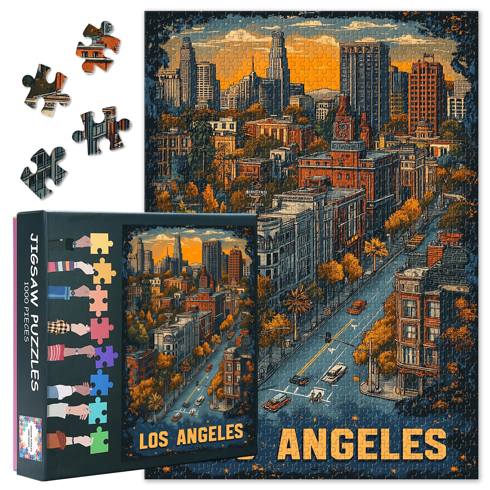 Los Angeles City Street Scene Jigsaw Puzzle 1000 Pieces for Adults Urban Skyline Downtown Landscape Art Large Puzzle Game Travel Theme Home Decor 27.5x19.7 Inch