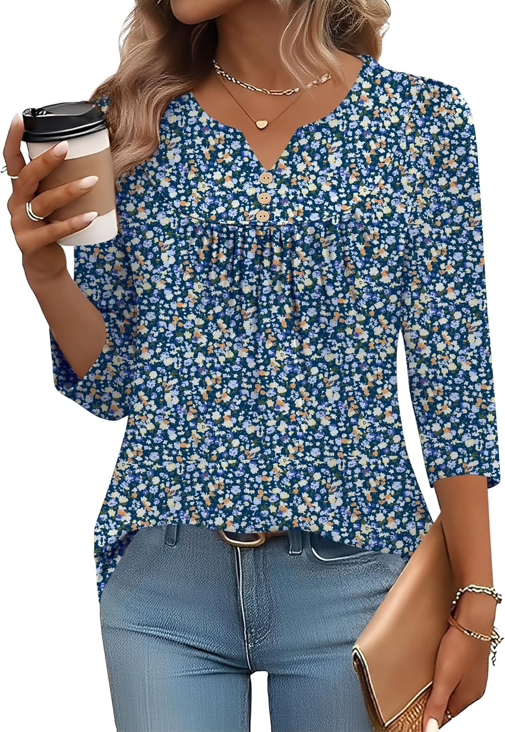 LOMON 3/4 Length Sleeve Womens Tops Dressy Casual Henley V Neck Blouses Loose Fit Tunics 2026 Trendy Summer Outfits - Image 2