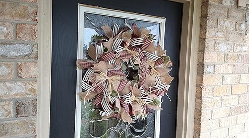 Miniatura 6 de Country Primitive Burgundy Gingham Fall Ribbon Deco Mesh Front Door Wreath, Porch Patio Decor, Home Garden Decoration, Unique Housewarming Birthday