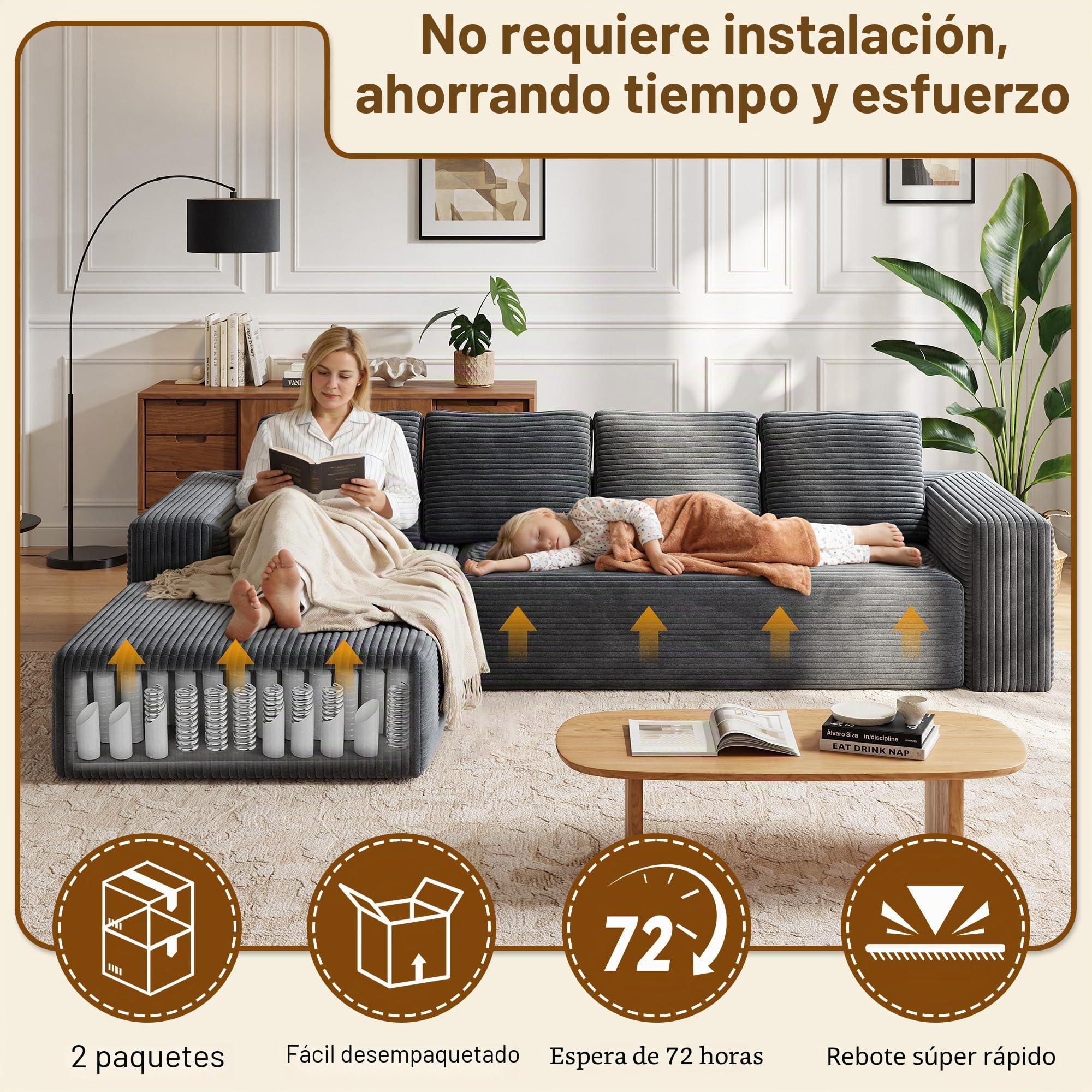 Sofá Esquinero Modular en L, Sofa 4 Plazas con función Cama y Chaise Longue Izquierda, Sofá Cama Chaise Longue (Gris)