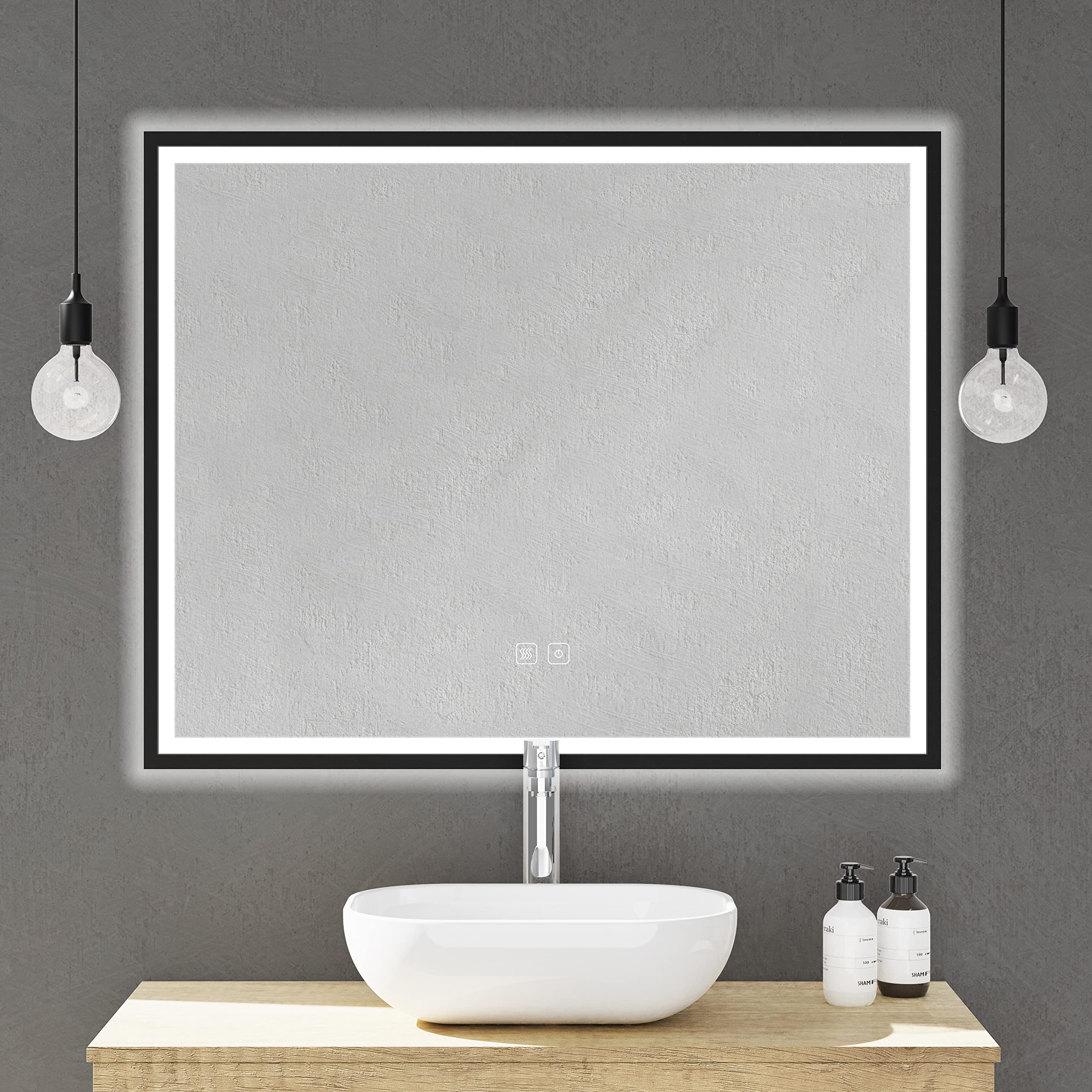 Baikal Espejo de Baño, Espejo con Marco Negro. Opción con y Sin LED. Estilos Que se adaptan al baño o Cualquier Estancia del hogar. LED Perimetral Táctil + Anti Vaho 100 x 80 cm