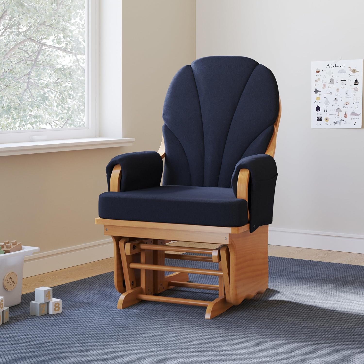 Foundations Lullaby Wood Base Glider Rocker - Baby Feeding and Rocking Chair for Nursery, Daycare Environment - Nursery Rocking Chairs with Padded Foam Arm Rests - (Natural/Blue)