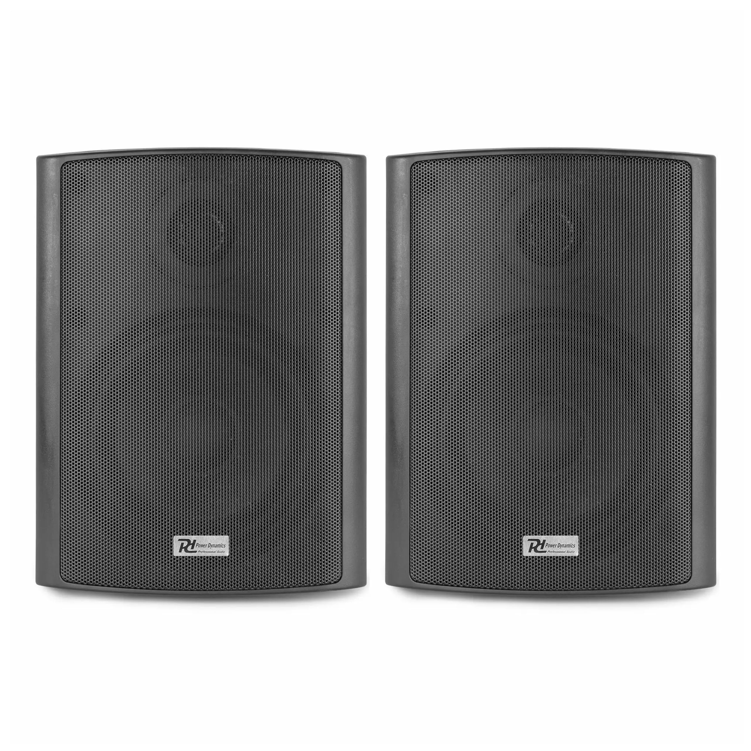 Power Dynamics Conjunto de Altavoces Exteriores - 4 Altavoces 150W IPX5, Amplificador PRM240 240W, Bluetooth, Reproductor MP3 USB/SD, Soportes de Montaje, Cable de 50m