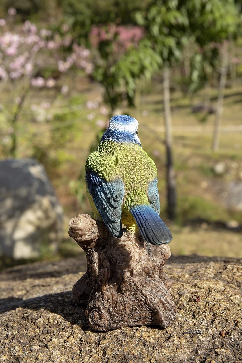 Hi-Line Gift Ltd. Motion Activated Singing Bird TIT ON Stump, Blue; Green