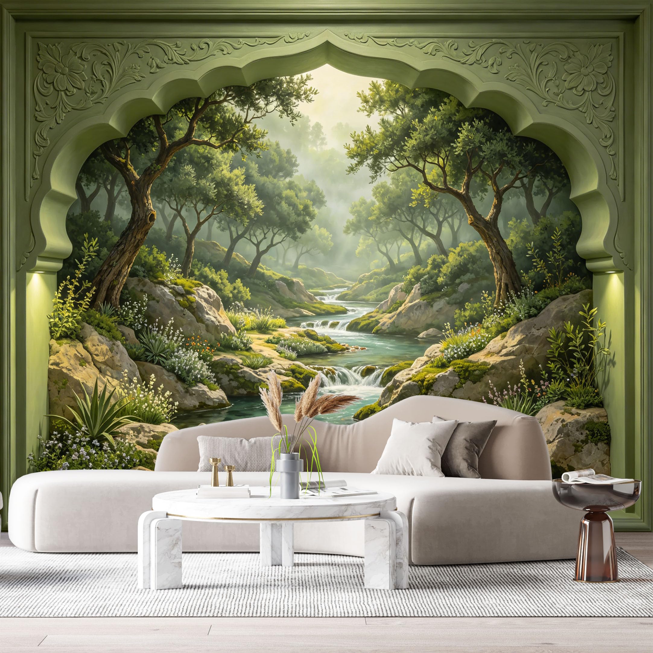 Custom Size Wall Murals Forest Landscape Waterfall Mist 3D Trompe L'Oeil SelfAdhesiveWall Fabric Removable Wallpaper Wall Decor for Living Room Bedroom Bathroom