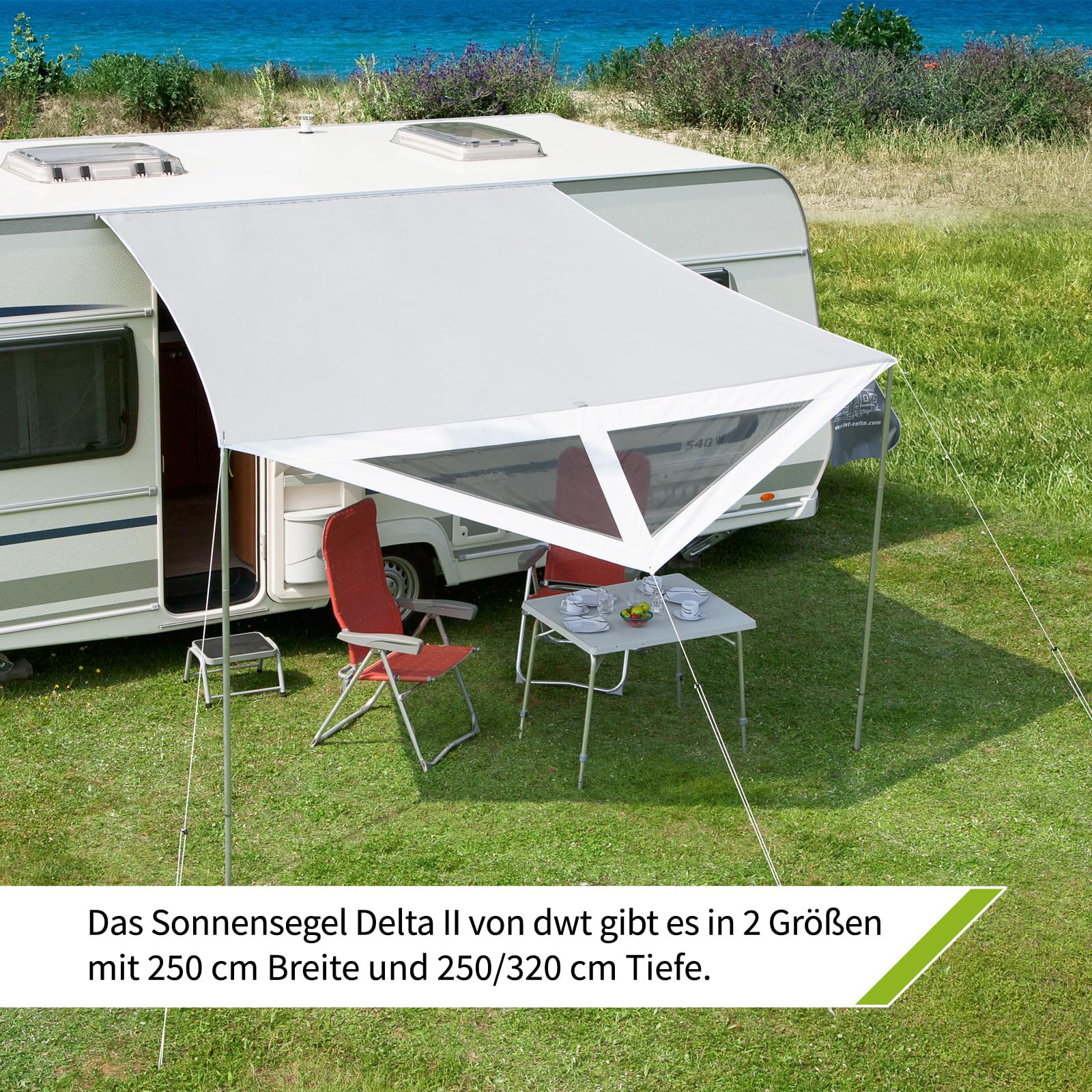 DWT Sonnensegel Delta II, Leichter Sonnenschutz für Camping-Bus und Wohnwagen, Ultraleicht und schnell aufrollbar