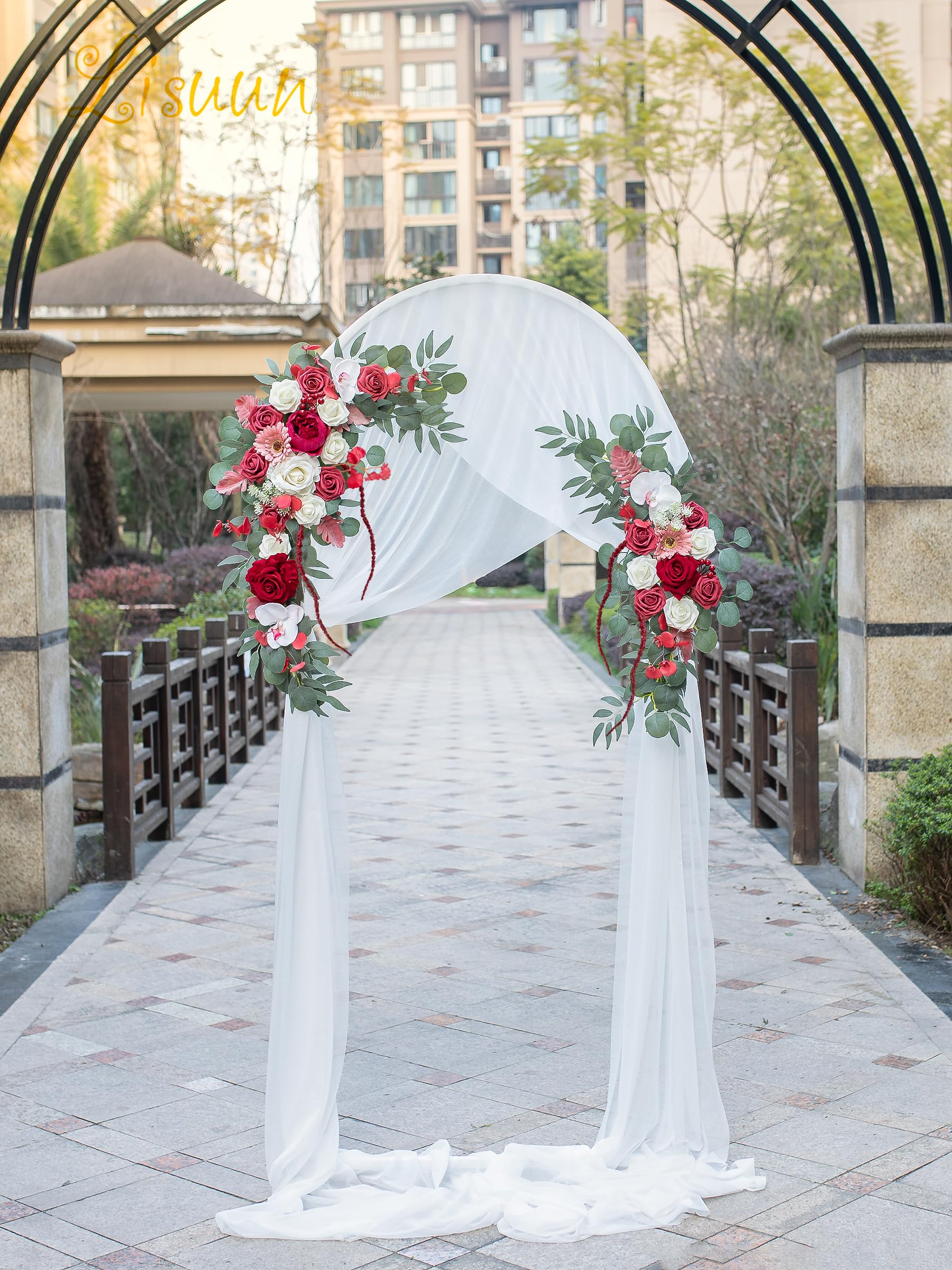 Lisuun Hochzeitsbogen Blumen, künstliche Blumen zur Dekoration, 2 Stück Blumenstränder und 1 Stück halbtransparenter Chiffon-Tischläufer, Hochzeitszeremonie, Blumendekor – 3 Stück