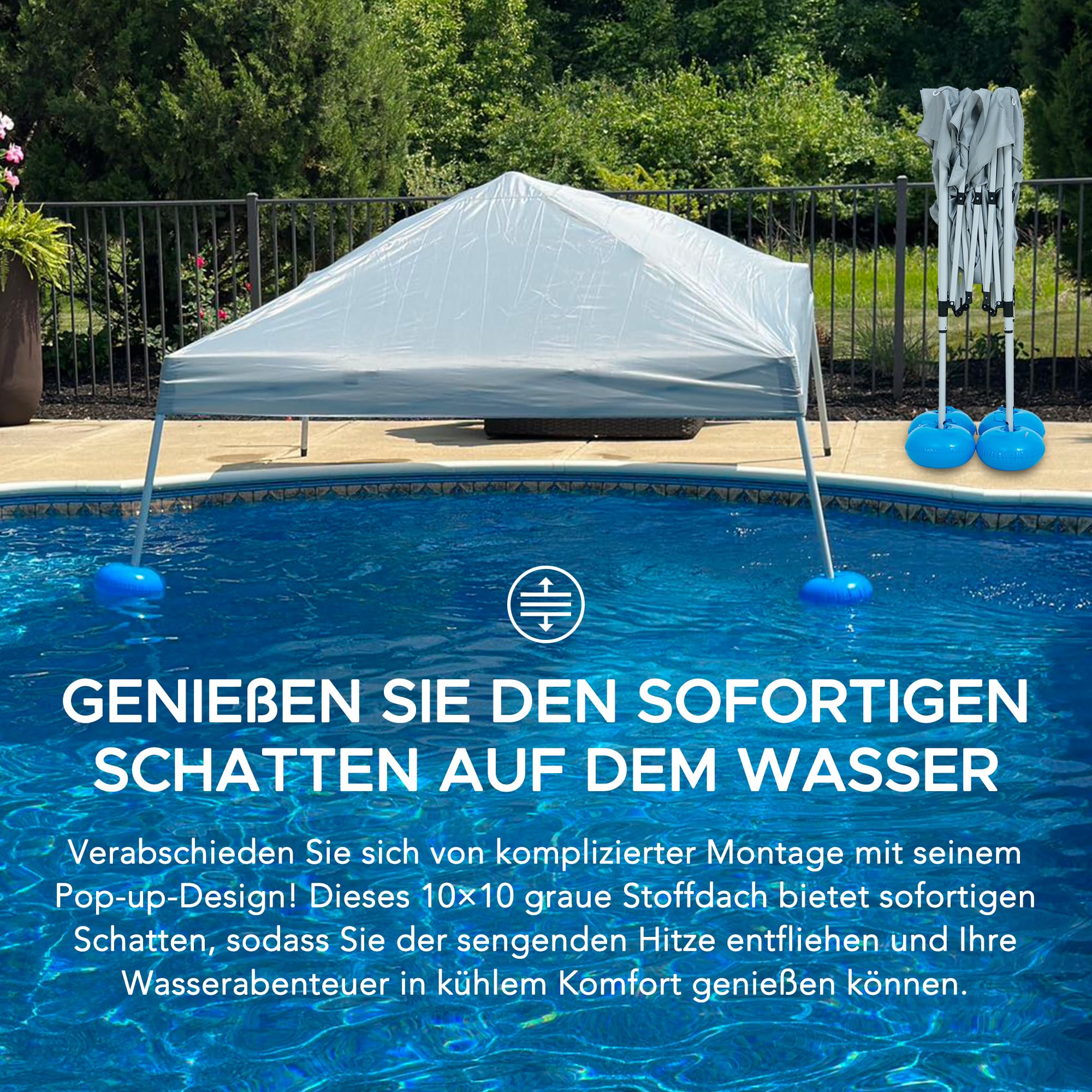 SUNJOY 3 x 3 m Pop Up Pool Pavillon mit UPF 50+ Sonnendach, Stahlrahmen, höhenverstellbar, schwimmender Outdoor Pavillon mit PVC Schwimmkörpern, Handpumpe und Tragetasche