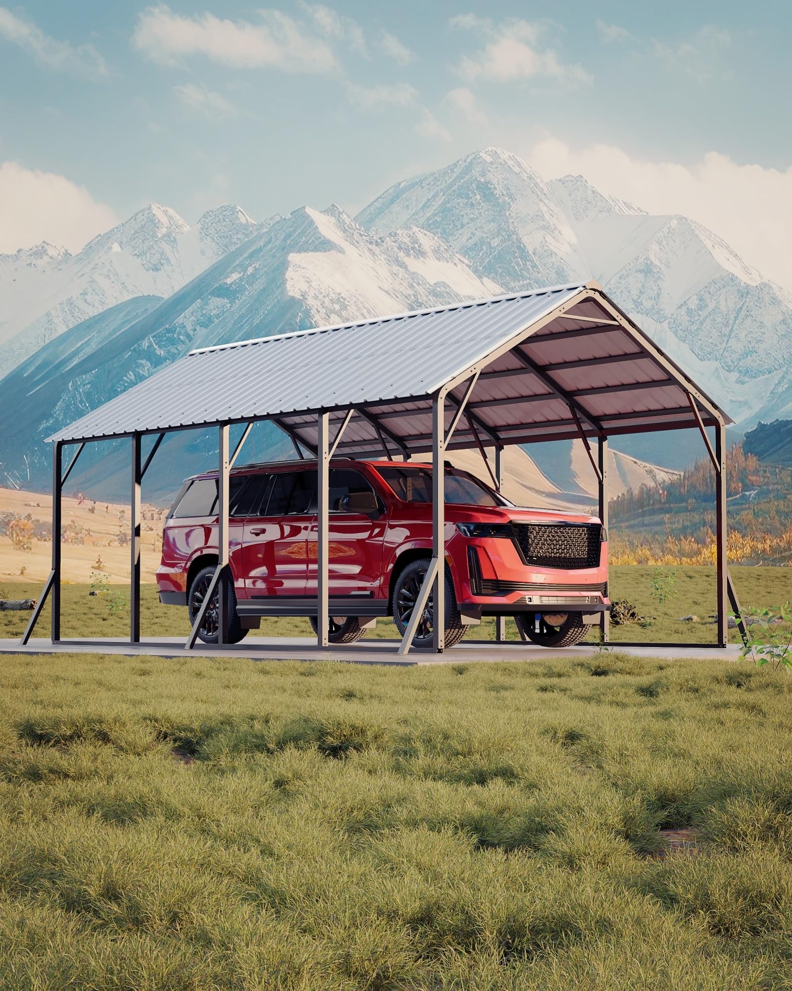 Garvee 13x21 ft Metal Carport Kit, 120° Steep-Pitch Vertical Roof for Snow Shedding, 133" High-Clearance Full-Sized Pickup &amp; Van Shelter, Heavy-Duty Metal Car Port with Reinforced Frame