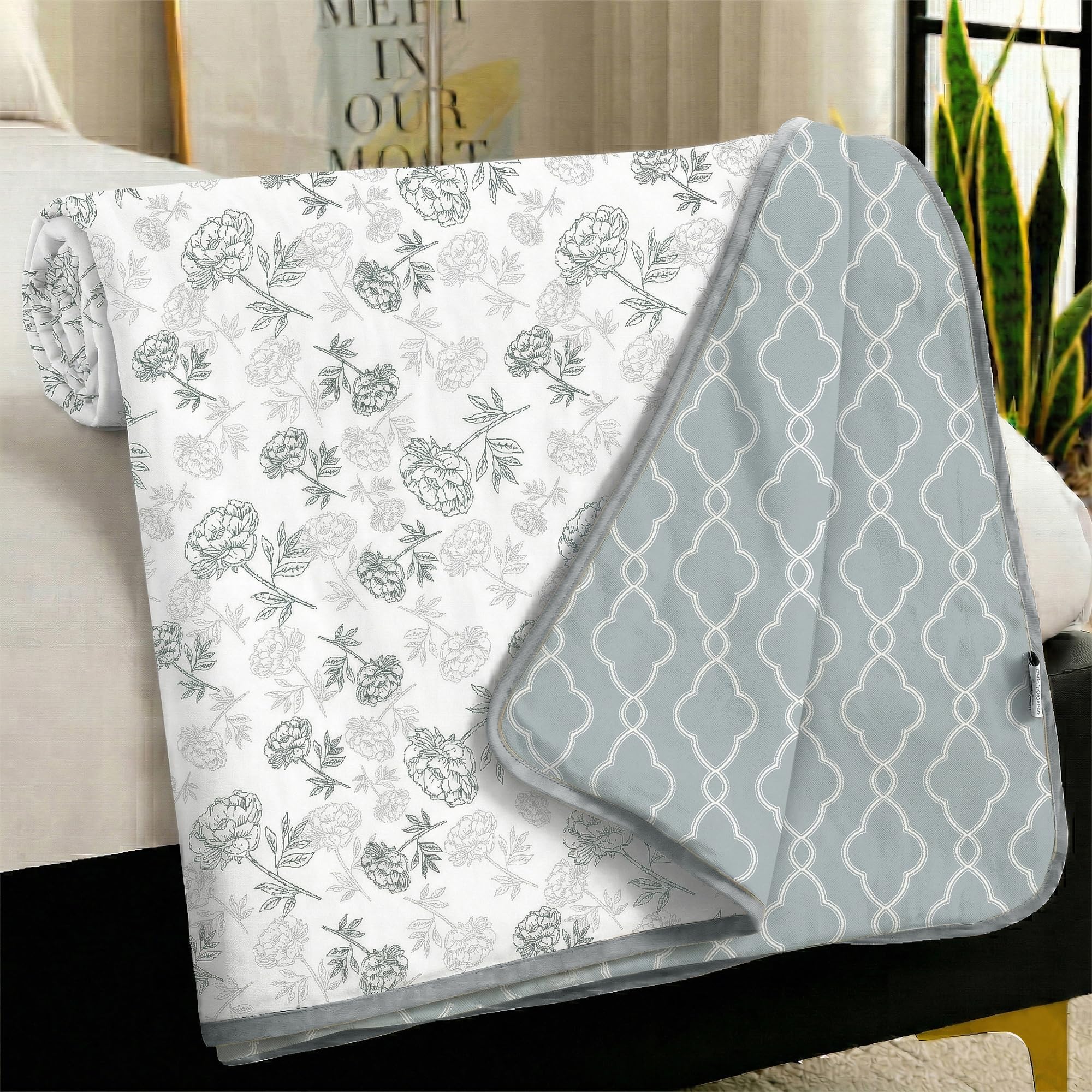 Story@Home Dohar Single Bed Cotton 100% | 150GSM 144 x 220 CM Quilt AC Blanket for Summer | AC Comforter Single Bed | White & Grey, Floral & Moroccan Reversible Design Duvet | All-Season Blanket