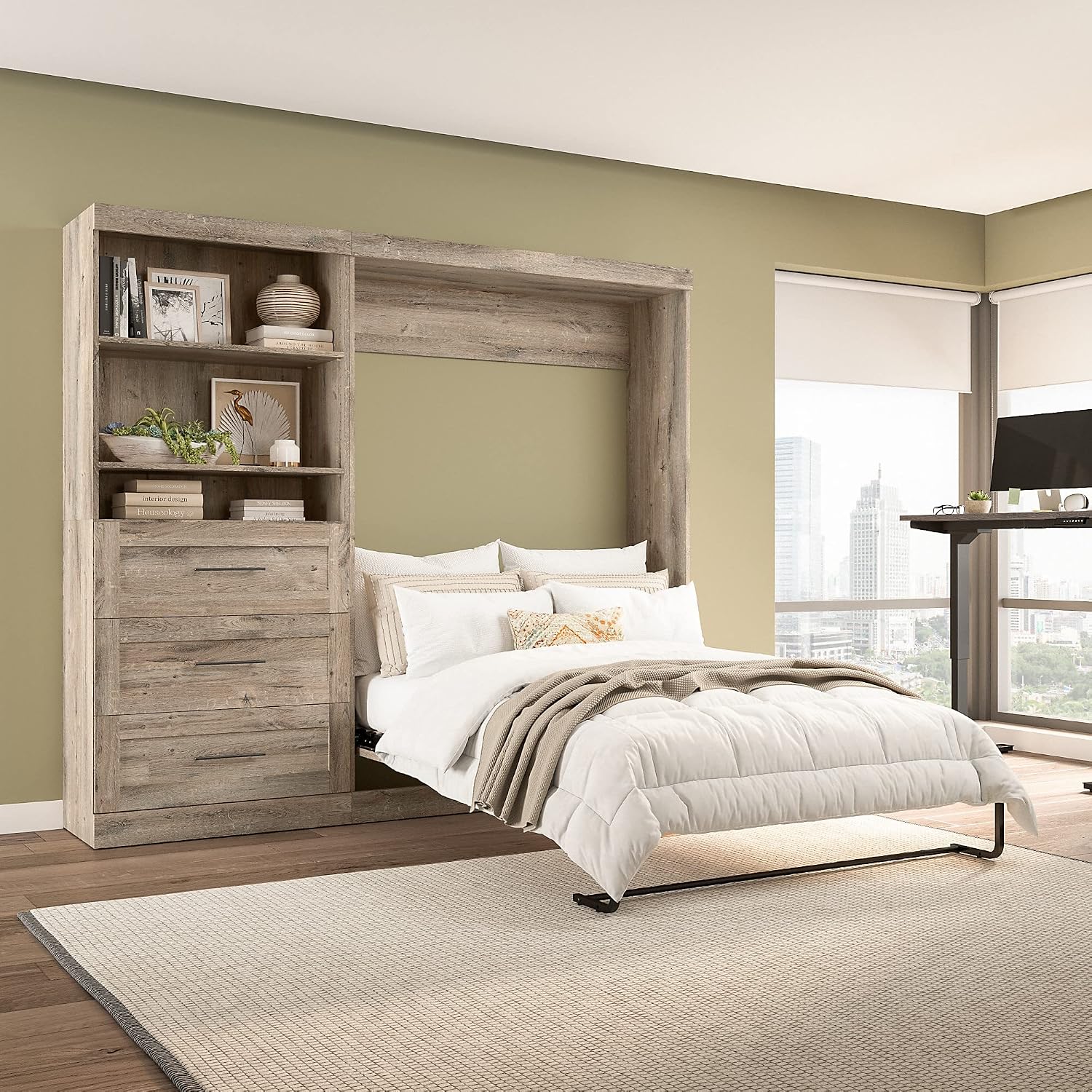 Bestar Pur Murphy, Space-Saving Wall Bed for Multipurpose Room, Full, Rustic Brown