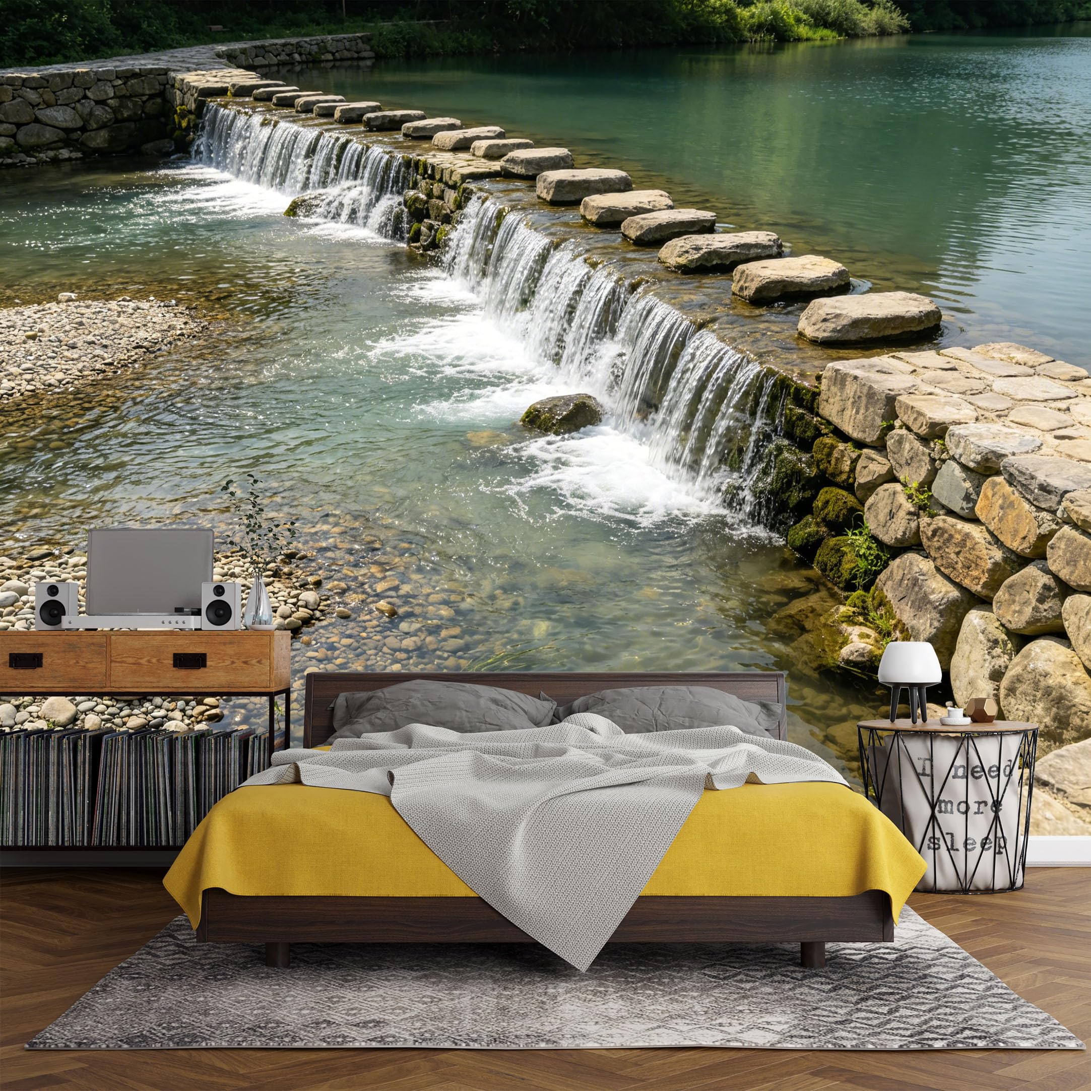 Custom Size Wall Mural， Landscape Stone Bridge River Stream Waterfall Nature Scenery，SelfAdhesive Art Prints wall Fabric (No PVC) Removable Wallpaper Living Room Decor