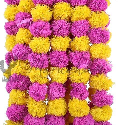 Vista 9 de Tira de flores artificiales Marubhumi, 5 unidades de 4,5 pies de largo, flores de caléndulas, guirnalda para decoración Diwali, decoración Amarillo