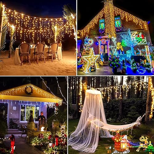 Miniatura 8 de Luces LED de carámbano, alambre transparente, decoración de cadena LED para decoraciones de Navidad (400 LED de 32 pies, blanco cálido)