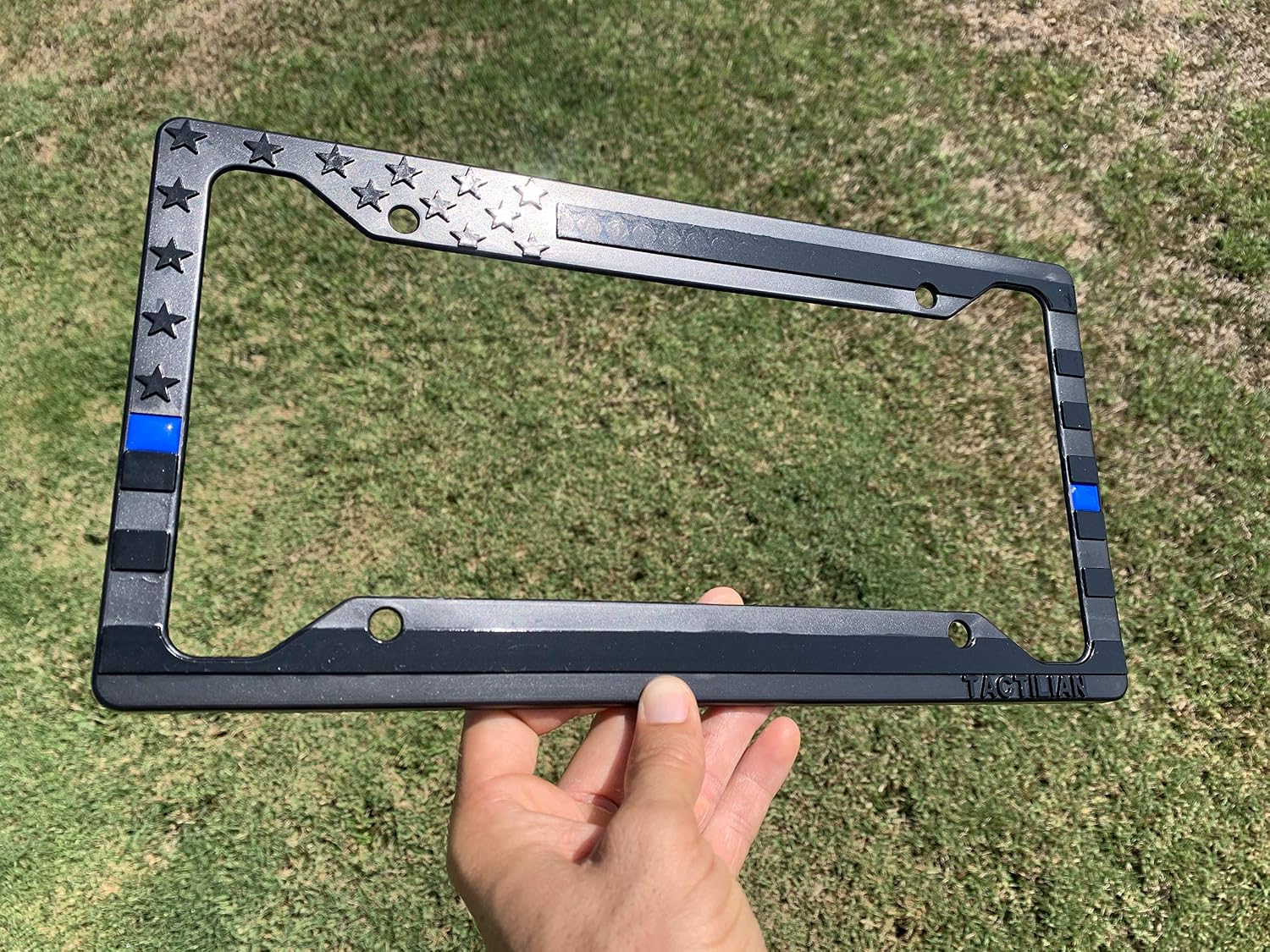 American Flag License Plate Frame - Subdued 3D Embossed USA Flag in Black Gloss on Matte Finish for Car, Truck or SUV (Thin Blue Line)