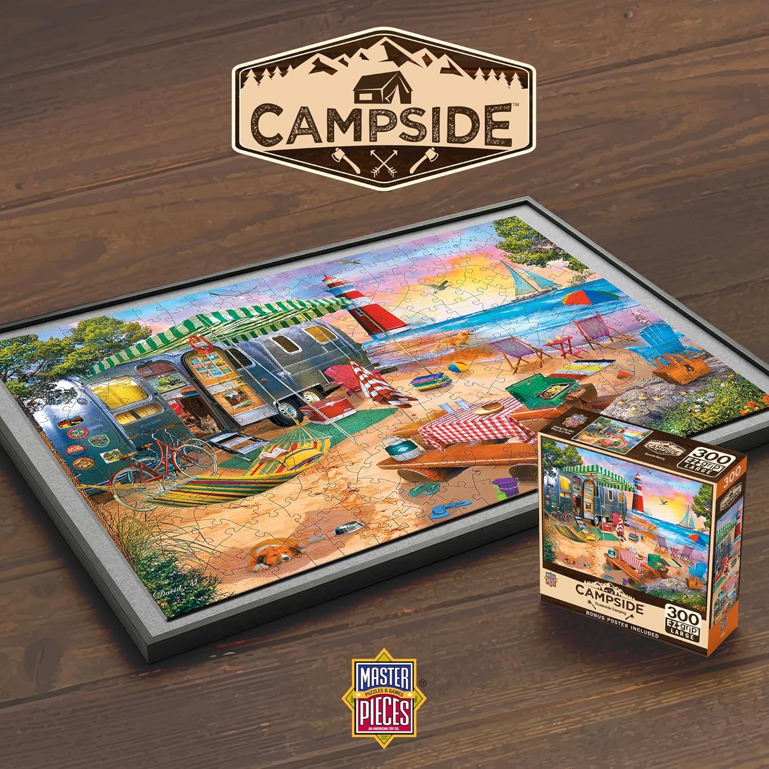 MasterPieces - 300 Piece Jigsaw Puzzle, Large EZ Grip Shapes, Oceanside Camping, Fun for Adults, Seniors, Family, Kids, Non-Glare Finish, 18"x24"
