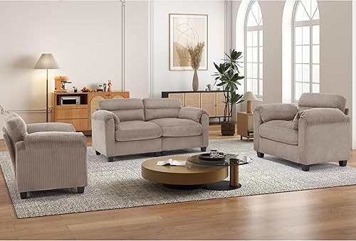 Miniatura 22 de Juego de sofá de pana, otomana tapizada, sofá de dos plazas y sofá de 3 plazas con cojines mullidos y brazos redondeados, juegos de muebles modernos