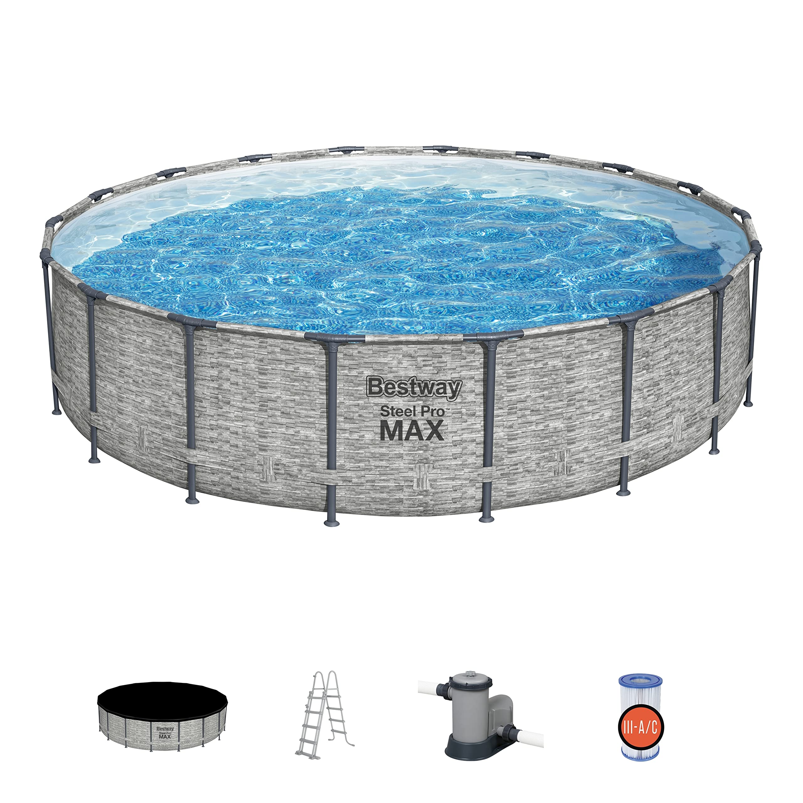 Bestway Steel Pro Max™ Außenpool, Motiv graue Steine, 549 x 122 cm, FrameLink™, Leiter, Plane, Pumpe und Filterkartusche