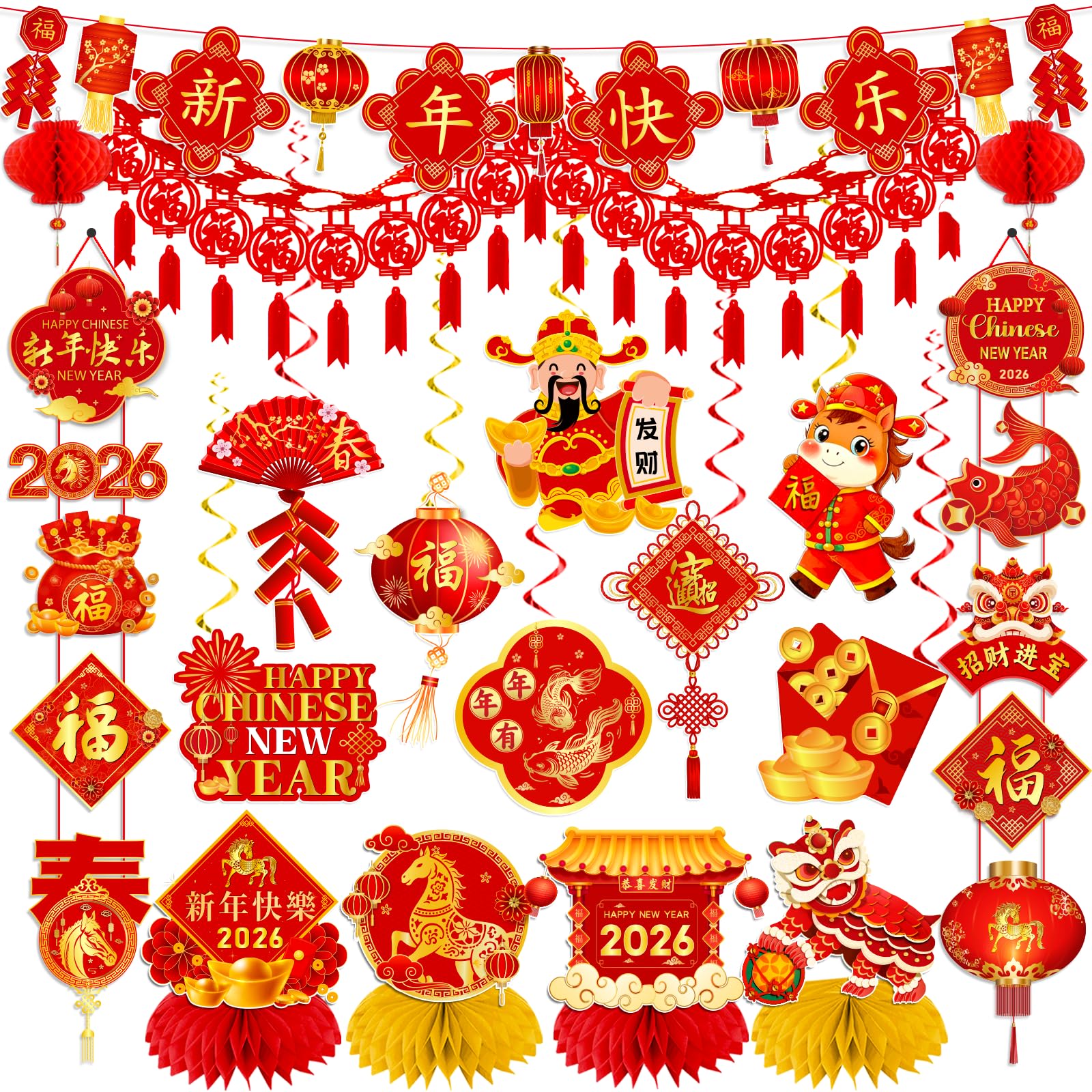 Chinese New Year Decorations 2026, Lunar New Year Decor Kit include Red New Year Banner,Honeycomb,Spring Festival Hanging Swirls,2026 Wall Hanging Banner,Chinese Knot Tassel for Horse Year Decor