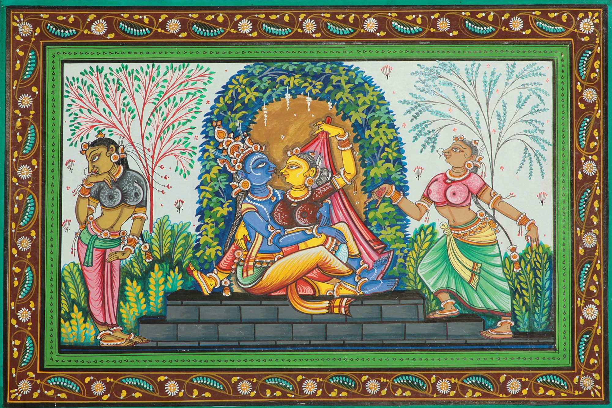 Aquarelle Krishna dans le Grove d'amour Chou-Rave Behera peinture indienne vibrante d'emotion