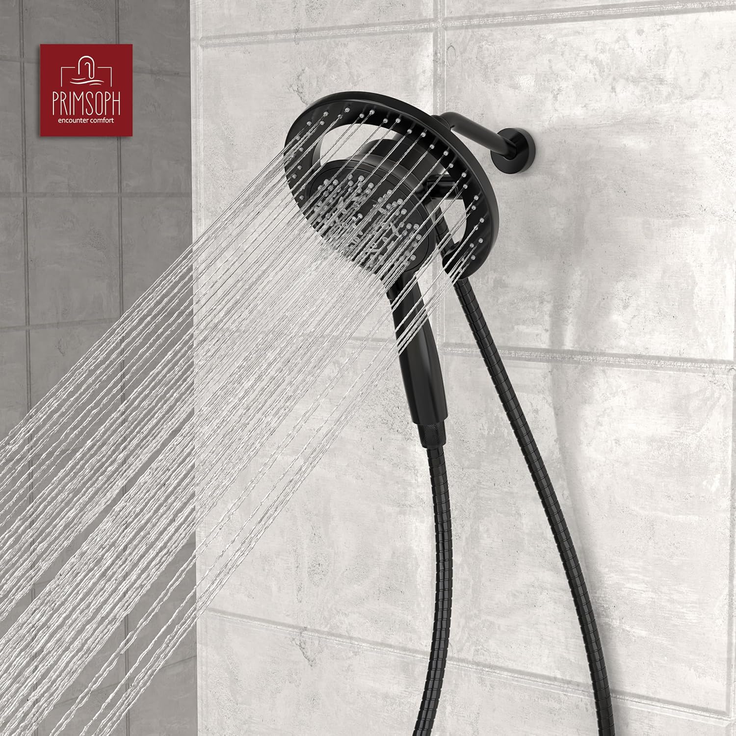 PRIMSOPH Shower Head Handheld Spray Combo 10 Mode Spray Settings Magnetic 2-in-1 High Pressure Dual Showerhead Auto-Switch Round Combination, Matte Black