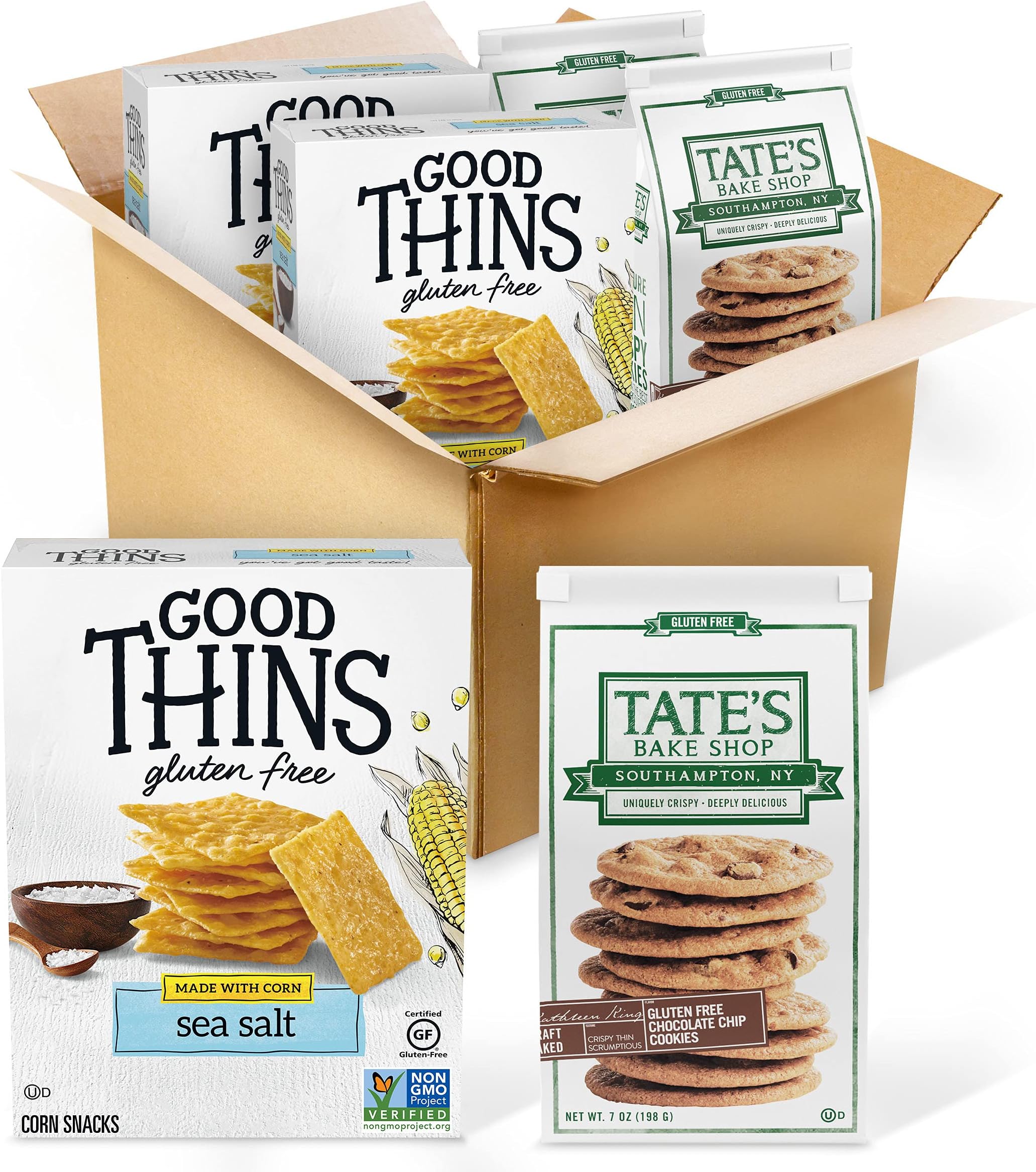 Good Thins Sea Salt Corn Snacks Gluten Free Crackers & Tate's Bake Shop Chocolate Chip Gluten Free Cookies Variety Pack, 4 Packs