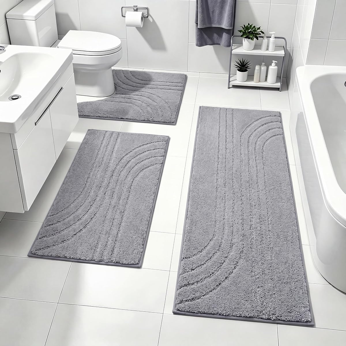 Bathroom Rug Set 3 Piece,Ultra Absorbent Quick Dry Bathroom Mats | Microfiber Bath Mat Shower Rug Runner Non Slip,Super Soft U Shaped Toilet Mats Floor Carpet,Grey