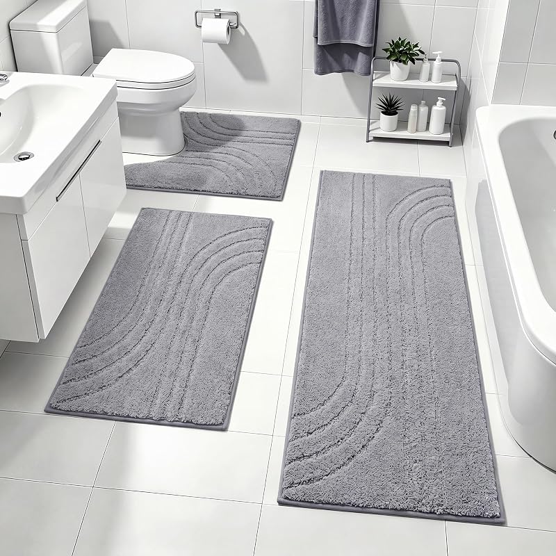 Bathroom Rug Set 3 Piece,Ultra Absorbent Quick Dry Bathroom Mats | Microfiber Bath Mat Shower Rug Runner Non Slip,Super Soft U Shaped Toilet Mats Floor Carpet,Grey