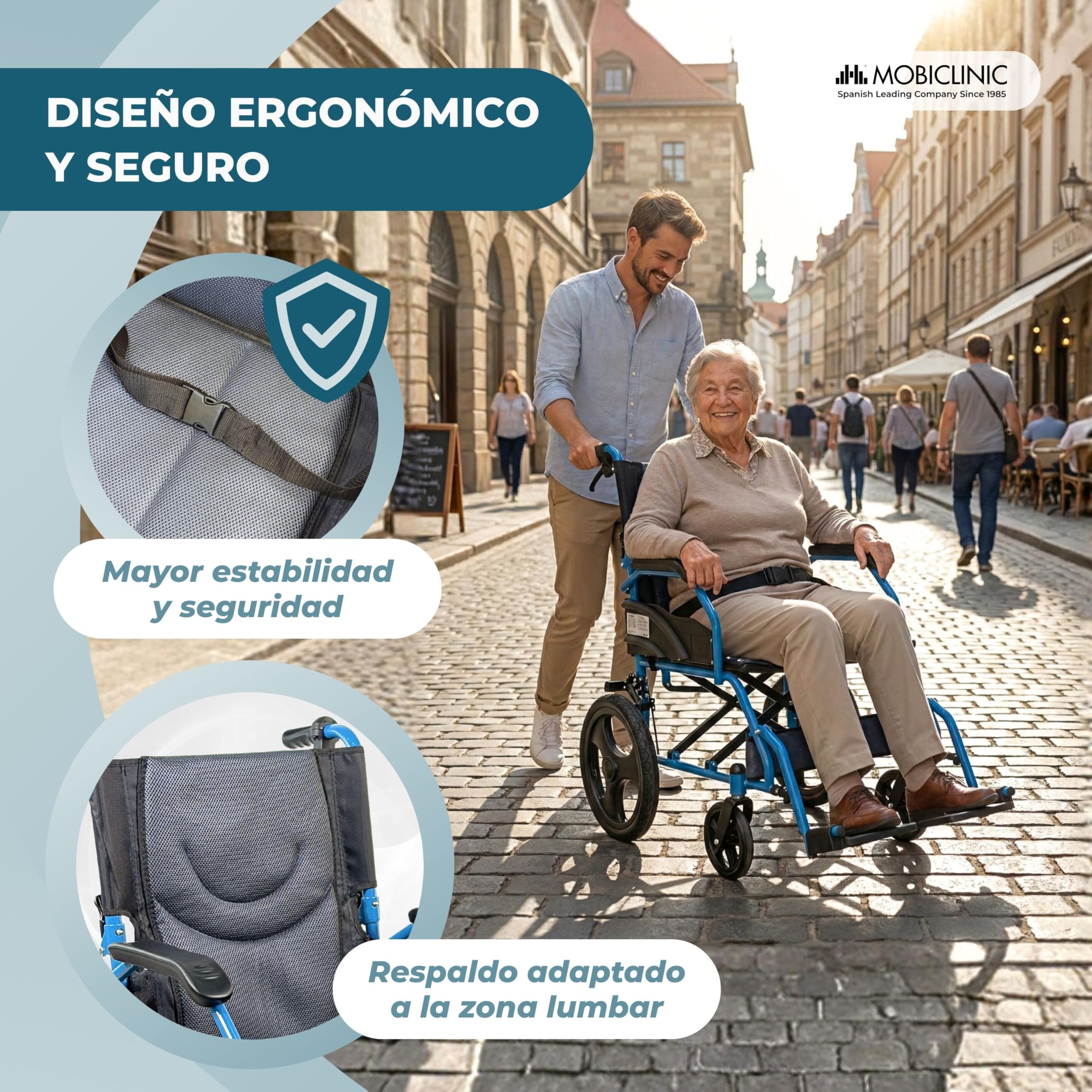 Mobiclinic®, Silla de Ruedas Plegable, de Tránsito, Respaldo Abatible, Reposapiés Abatibles, Doble Sistema de Frenado, Acero Reforzado, Hasta 100 kg, Ligera y Compacta, Faraón