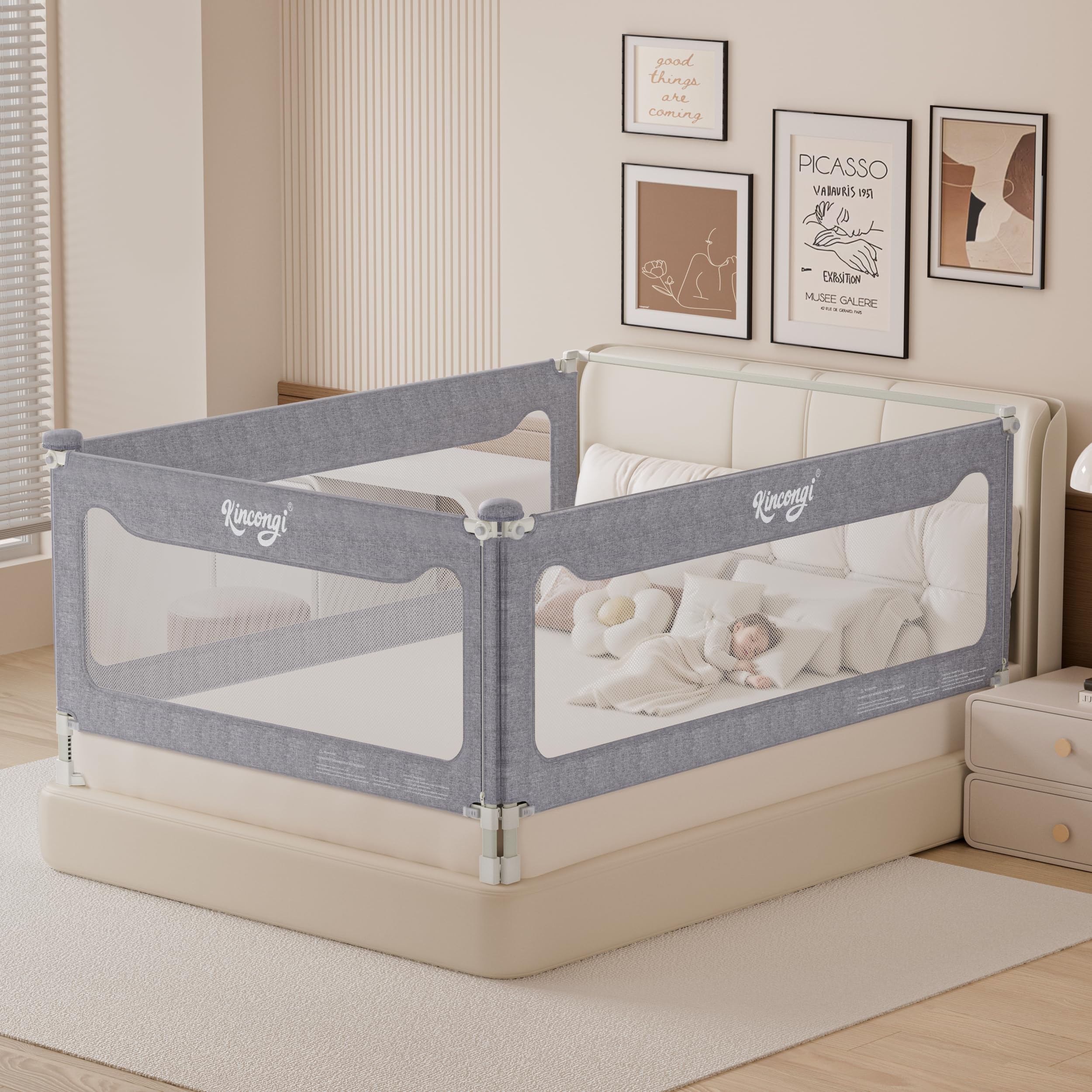Kincongi - Riel de cama para niños pequeños, 3 rieles de cama tamaño Queen con 3 bases en forma de U, protección de seguridad de 10 llaves, protector de riel de cama de bebé, riel de protección de