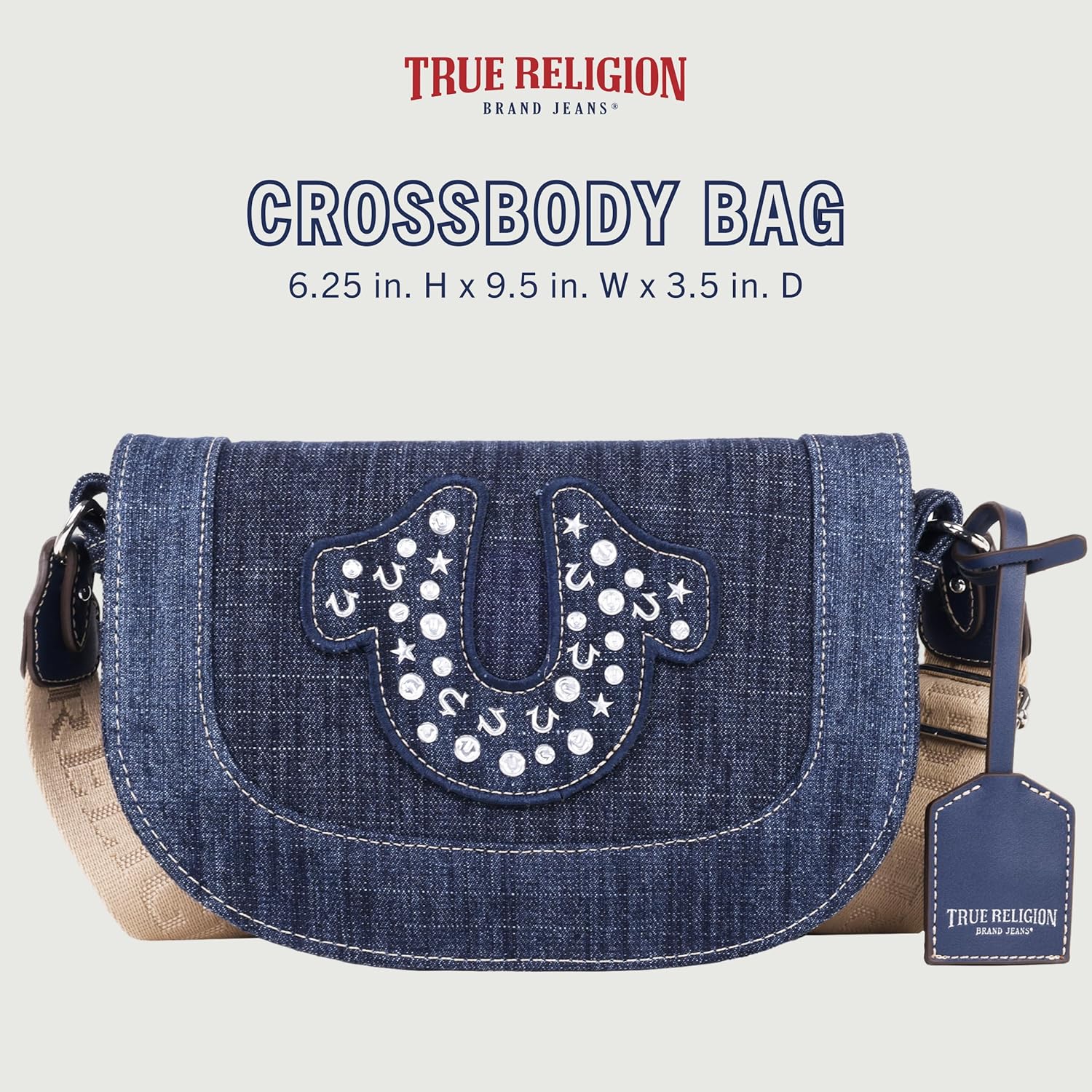 True Religion Women's Crossbody Bag, Denim Mini Flap Shoulder Handbag Purse with Studded Horseshoe, Dark Denim