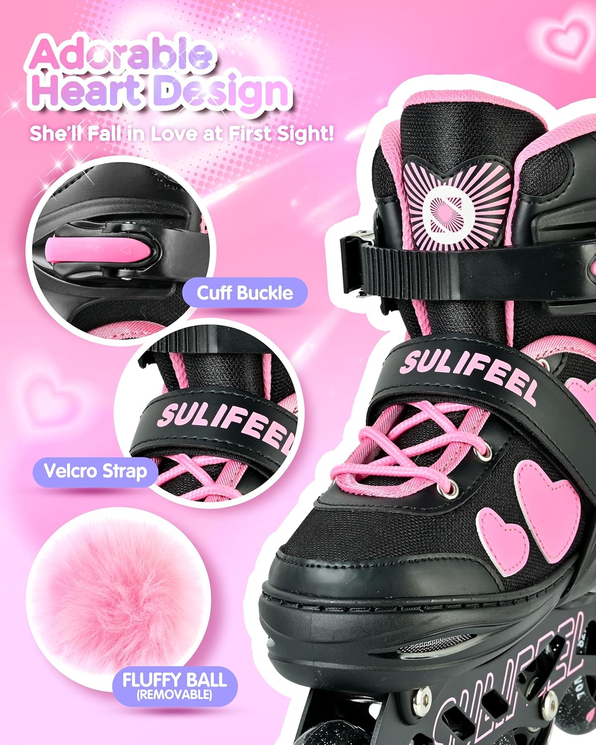 SULIFEEL Love Hearts 4 Size Adjustable Kids Inline Skates for Girls with Fluffy Pom Light Up Wheels Ages 3-12 Girls Birthday Gift for Indoor Outdoor Sports