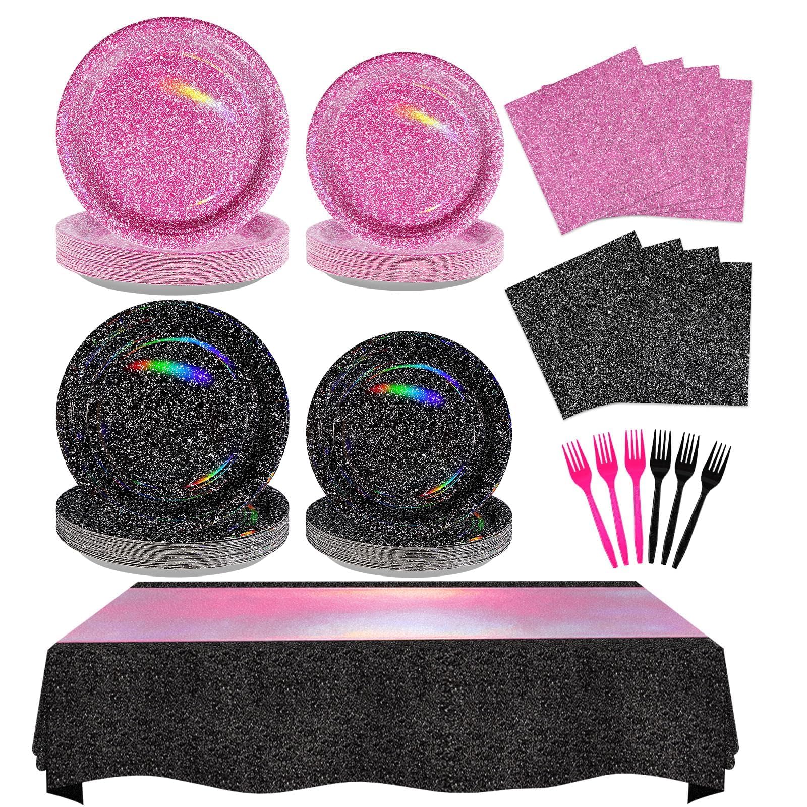 Greencian 98Pcs Hot Pink and Black Party Decorations - tableware | Mubboo