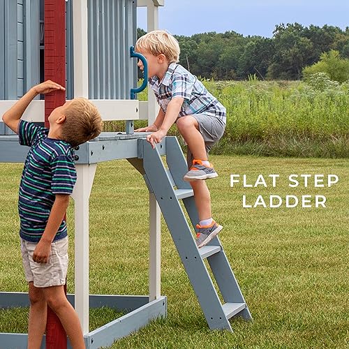 Miniatura 26 de Backyard Discovery Echo Heights - Casa de juegos elevada de madera de cedro para niños con tobogán ondulado, cocina de juegos, terraza envolvente,