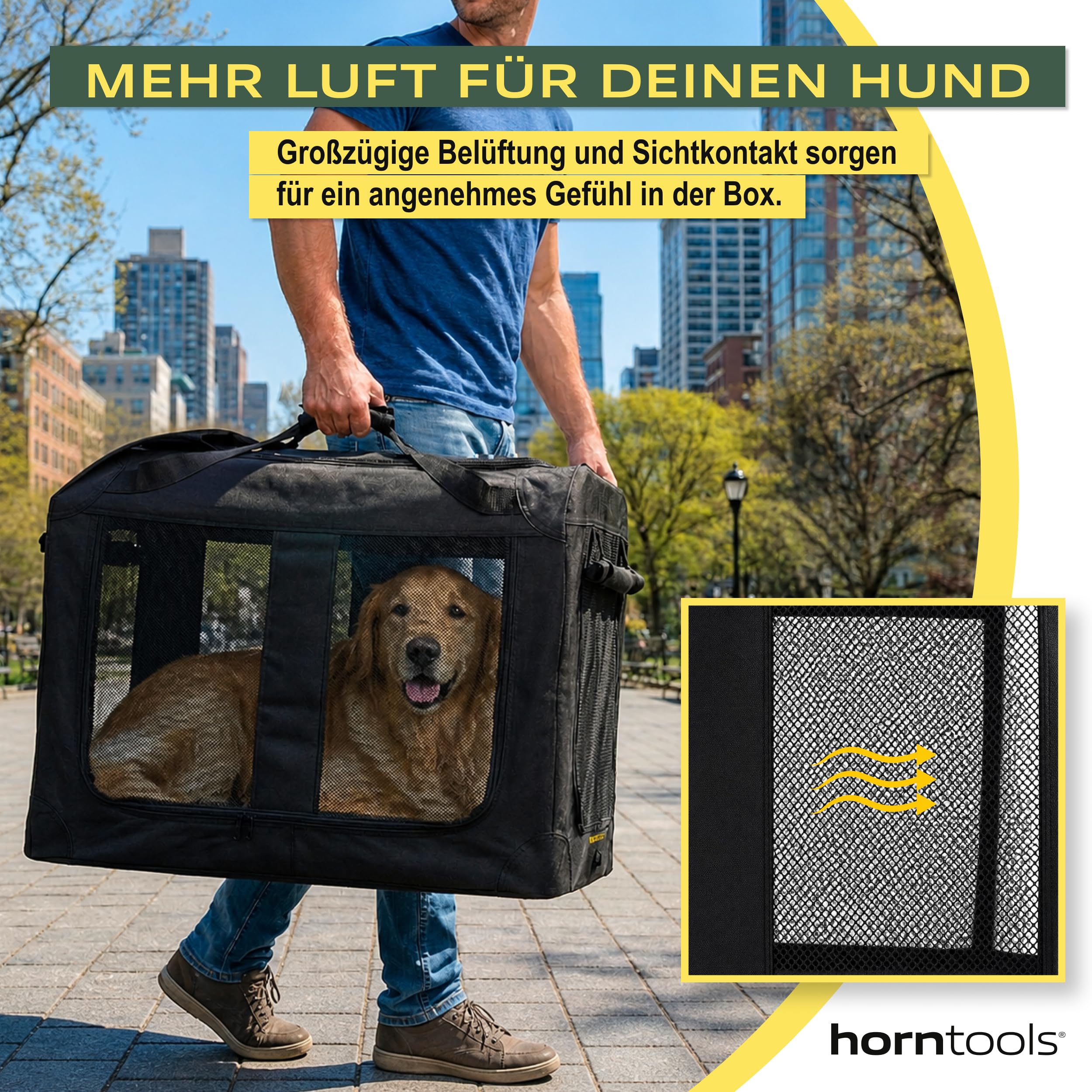 HORNTOOLS Faltbare Hundebox - Hundetransportbox mit Netzfenstern, Abnehmbarer Matte - Atmungsaktive Reisetasche für Hunde und Katzen - Transporttasche für Camping, Reisen & Zuhause - 74x53x52 cm