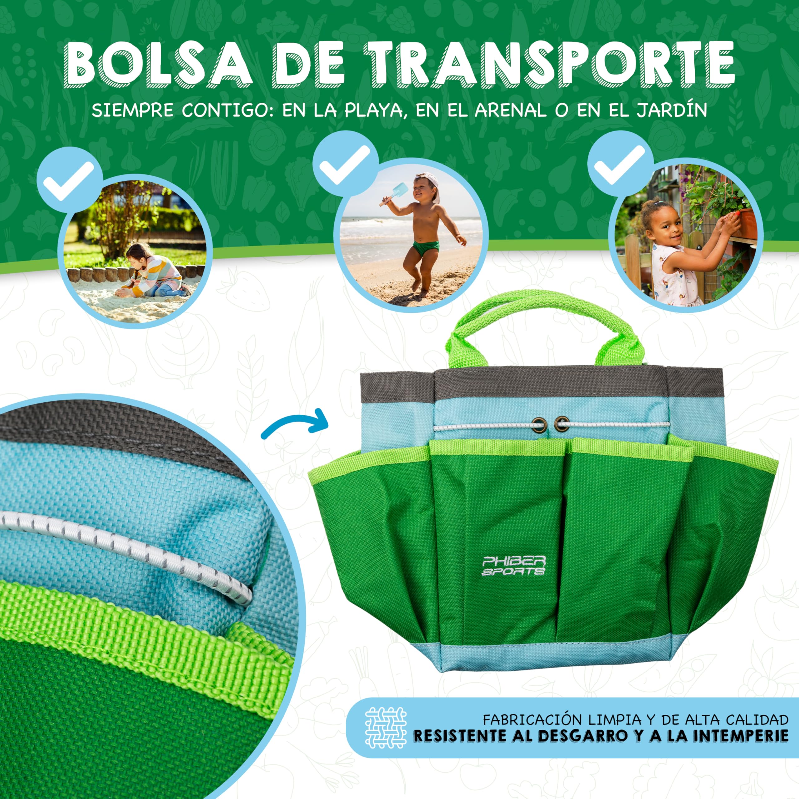 PHIBER-SPORTS Juego de Herramientas de jardín para niños (11 Piezas) - Herramientas de jardinería para niños a Partir de 3 años - Herramientas de Metal, regadera, Guantes de jardín, Bolsa