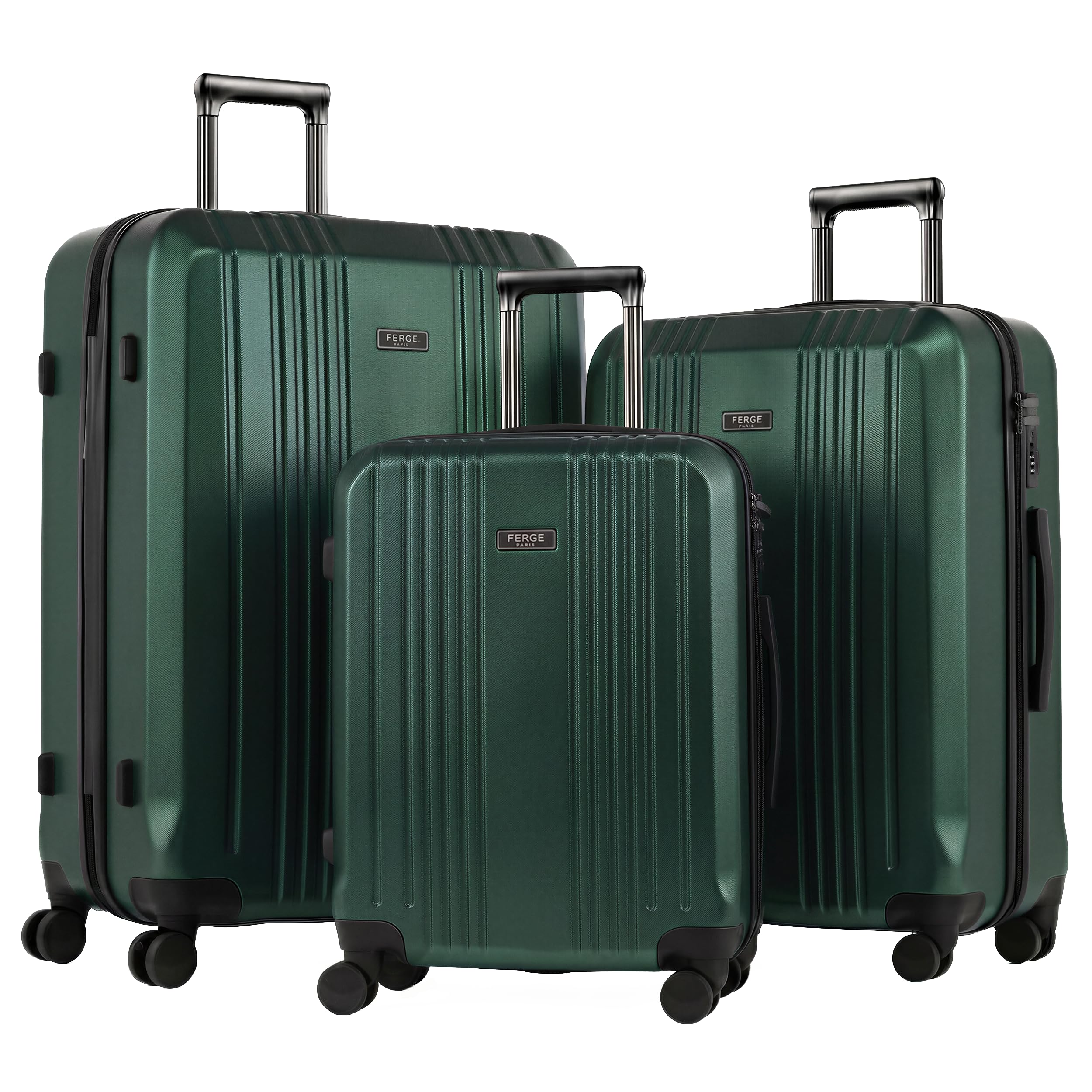 FERGÉ Cannes - Set di 3 valigie rigide, bagaglio a mano da 55 cm, L e XL, 4 ruote, 100% ABS e PC, verde, 3er Set, Set di valigie