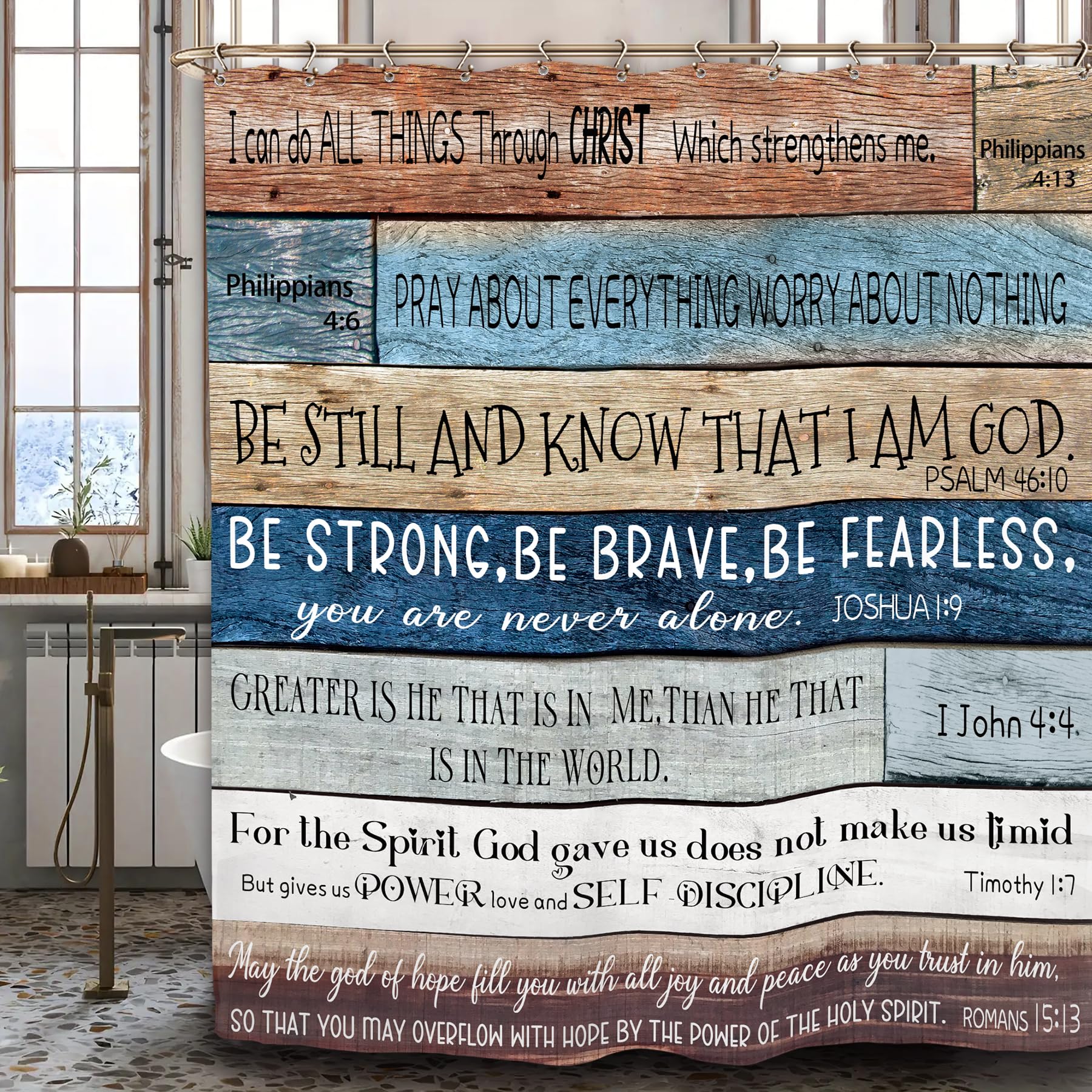 Yookeb Bible Verse Christian Bathroom Shower Curtain 60W by 71H Inch Quotes Inspirational Motivational Positive Farmhouse Rustic Scripture Wood Wooden