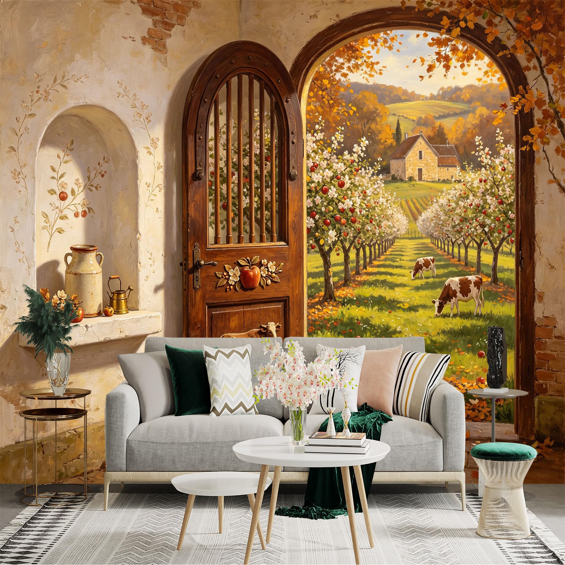 Custom Size Wall Sticker Mural， Rustic Farmhouse Orchard， Autumn Countryside Landscape， Cows and Apple Trees， for wall Decoration， peelandstick wall Decals.