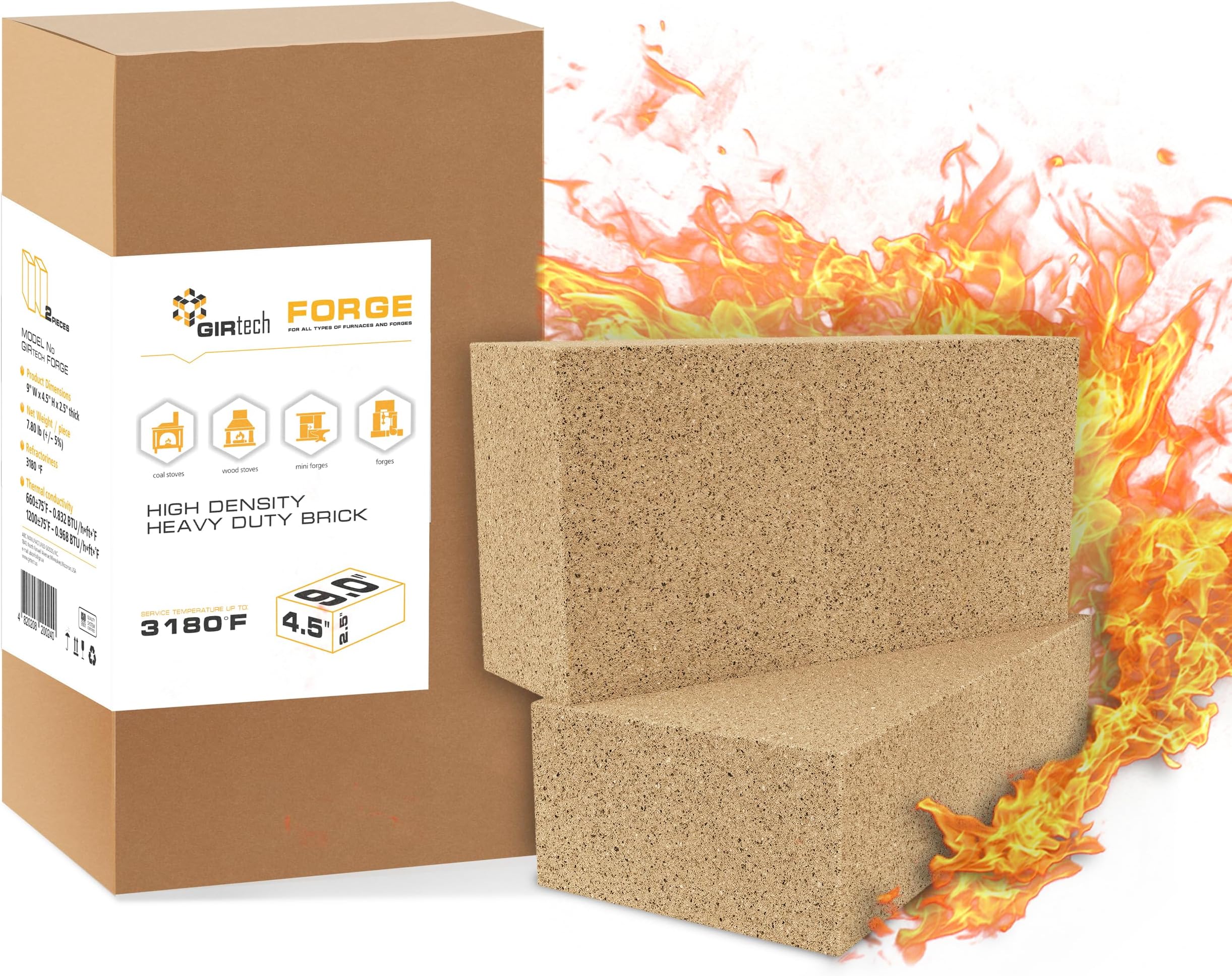 Forge High Density Heavy Duty Fire Bricks 3180F - Pack of 2 | Hard Refractory Fire Brick for Masonry, Insulating Kiln, Fire Pit, Wood Stove, Oven, Grill, Melting Metals | Fireproof Bricks