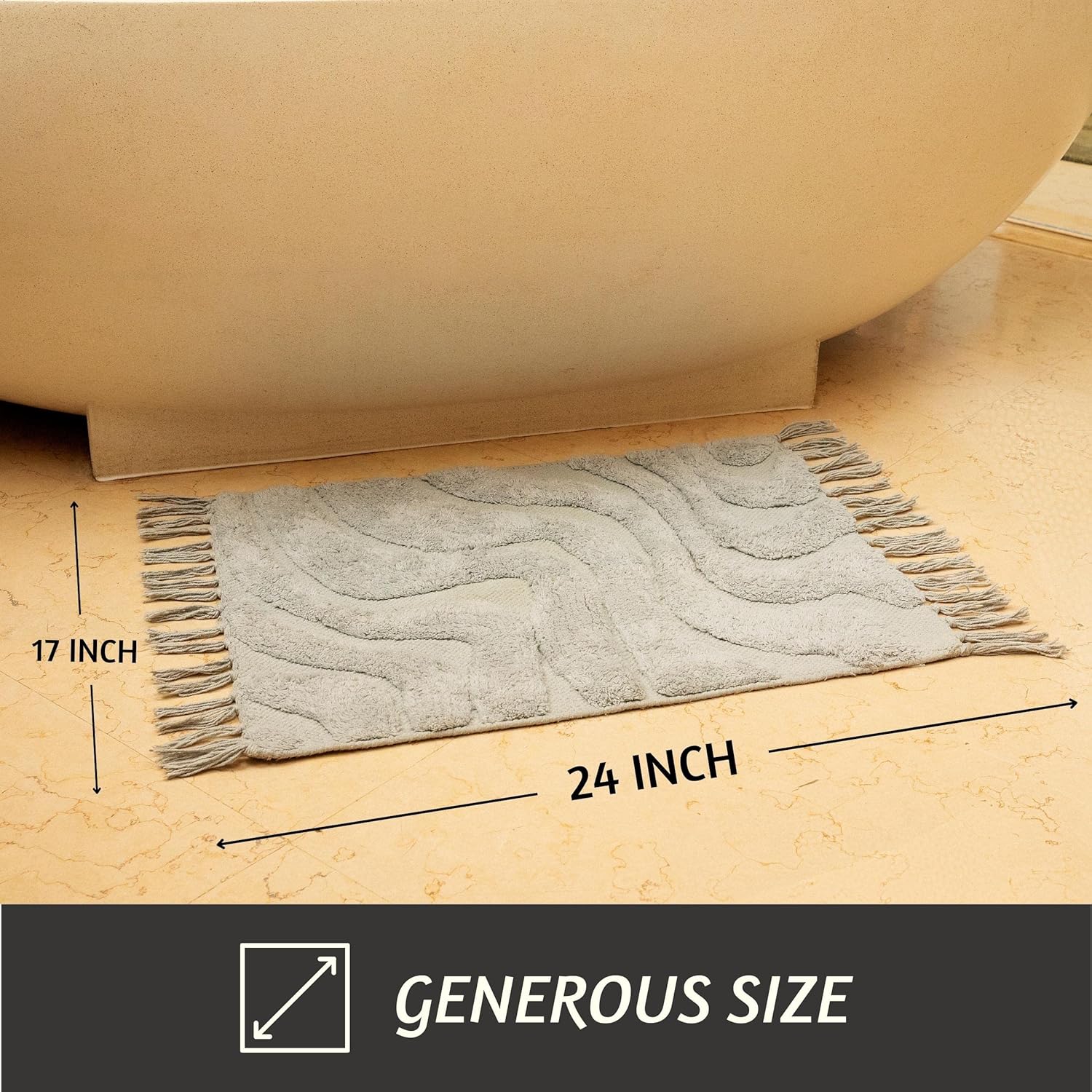 Folkulture Cotton Bath Mats - 24" x 17" Non-Slip Shower Mat, Boho Farmhouse Texture, Washable Gray