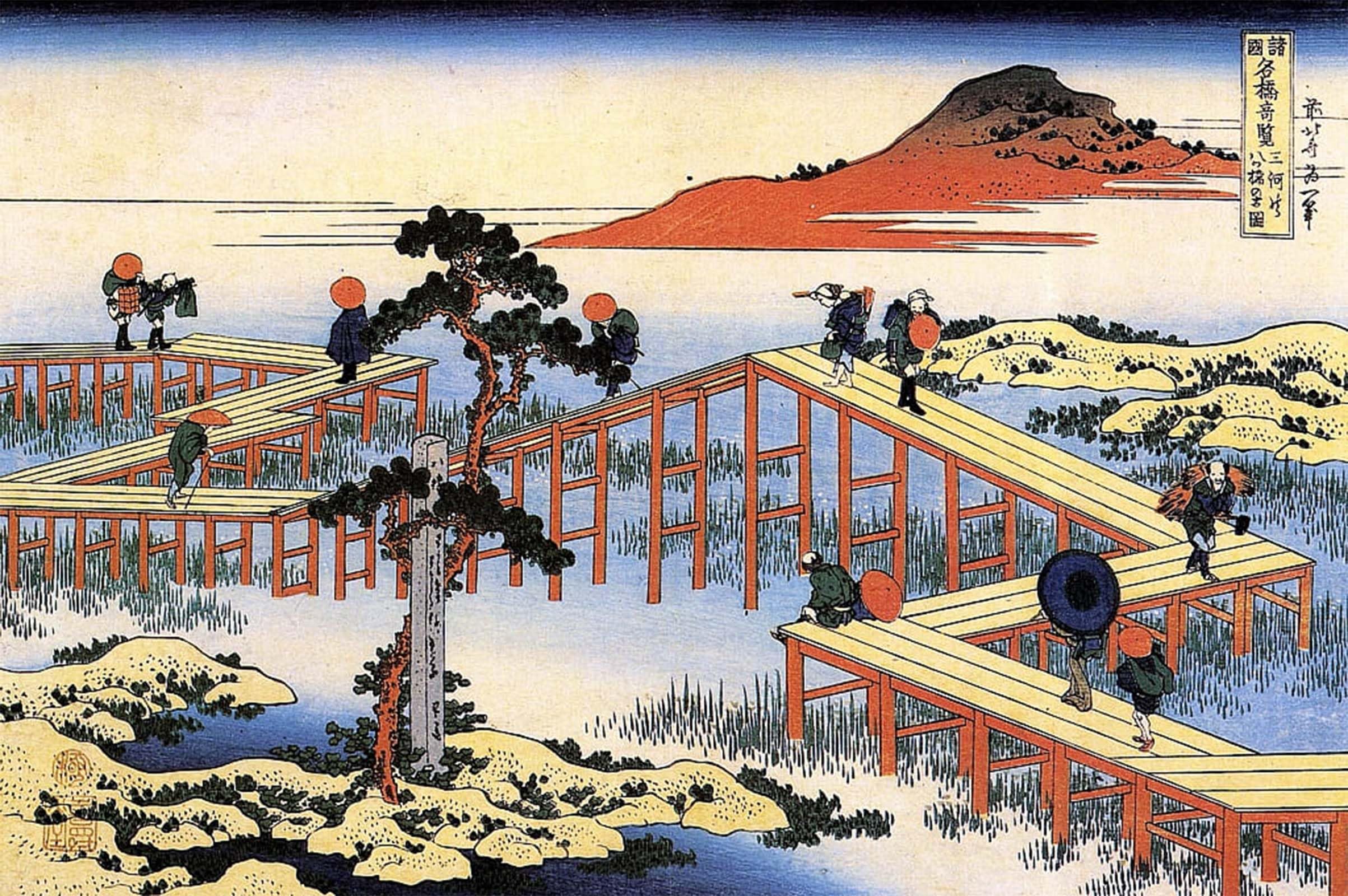 POSTERIIk Vintage Classic Picture Landscape Artwork Yatsuhashi in Mikawa Province by Katsushika Hokusai Portrait Canvas Painting for Office Home Decor 60x90cm