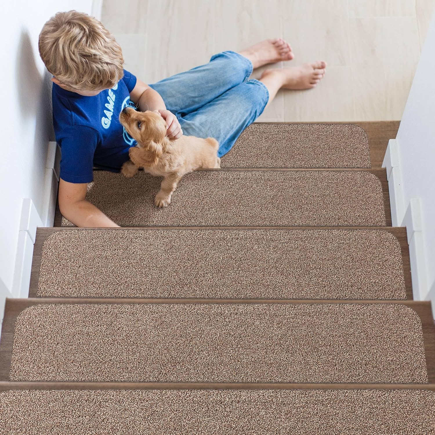 Non-Slip Stair Treads for Wooden Steps Indoor, 15 Pack 9" X 28" Stair Carpet Mats with TPE Backing for Kids Elders and Dogs, 0.3" Thick 100% Polyester Soft Stair Runner Rug, Beige
