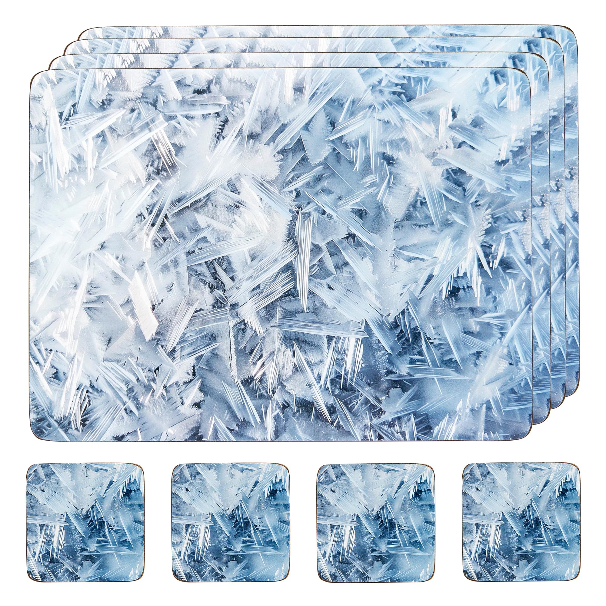 matop Ice Crystal Frost Placemats Set of 4 – Winter Blue Abstract Snowflake Table Mats – Heatproof Waterproof Wooden Placemats with Cork Backing, 21.5×29cm / 29×40cm (21.5 * 29cm+10.5 * 10.5cm)