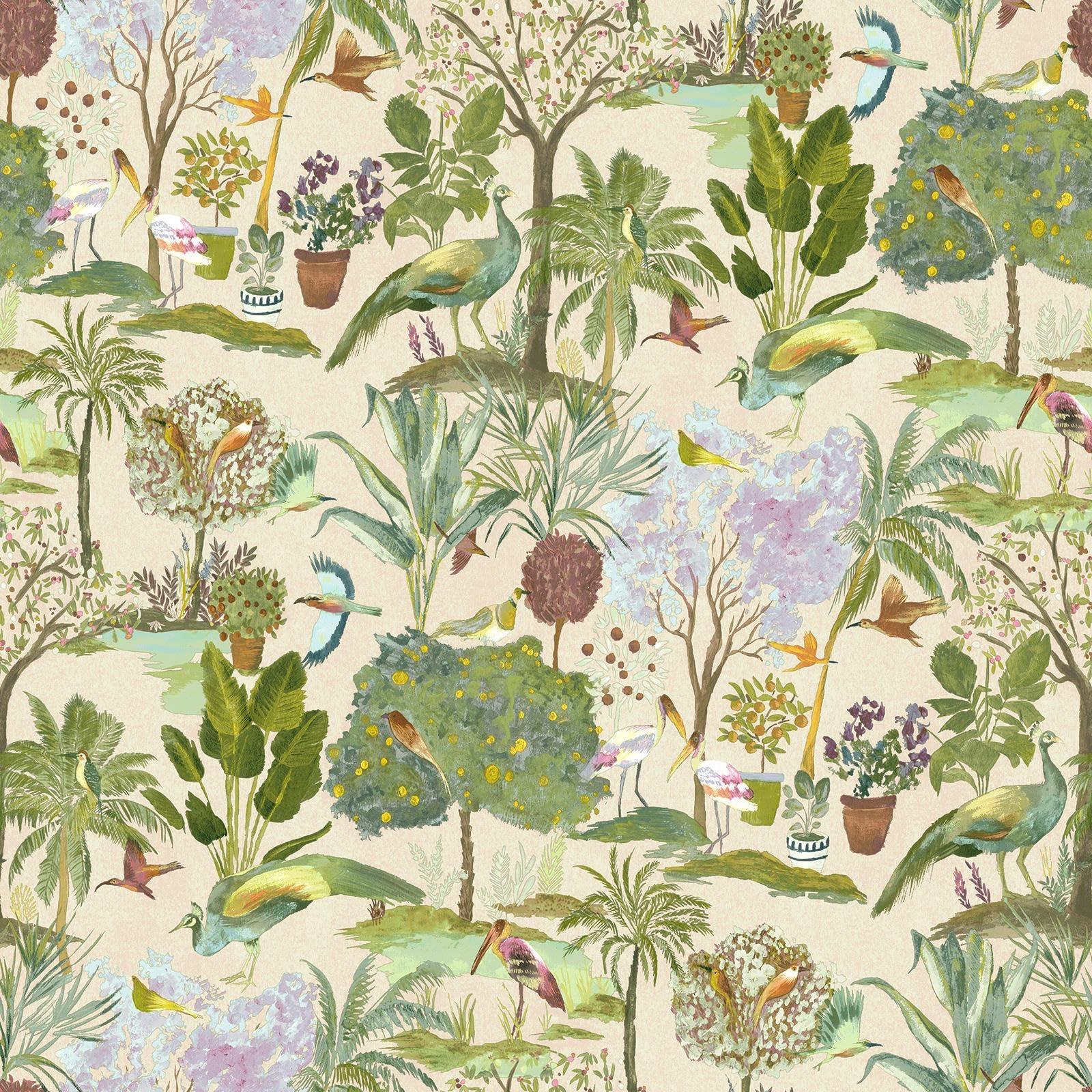 World of Wallpaper Paradise Garden Hand-Painted Tropical, Birds and Exotic Woodland Style Wallpaper for Feature Walls, Bedrooms, Living Rooms Natural (WOW178)