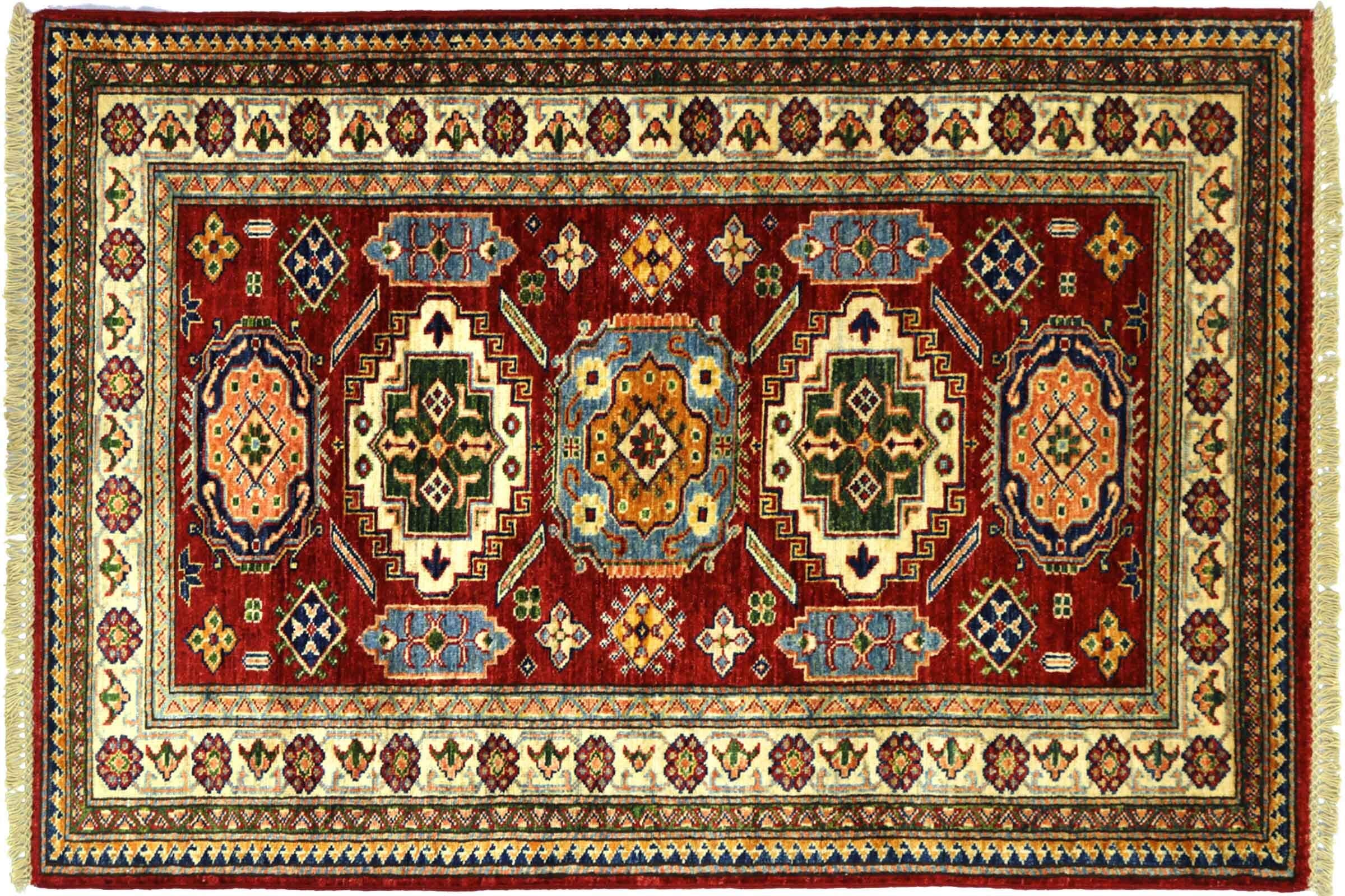 Tapis Afghan Kazak fait main de haute qualité avec bordure rouge 100x150