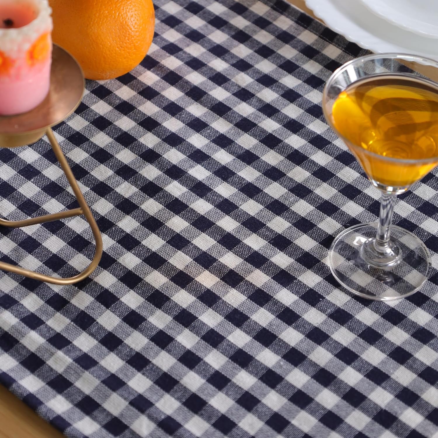 THE ART BOX Halloween Check Plaid Table Runner, Linen Blend Classic Family Dinner Table Runners for Indoor Outdoor Parties Events Home Decoration (Blue and White, 14 x 108 Inch)