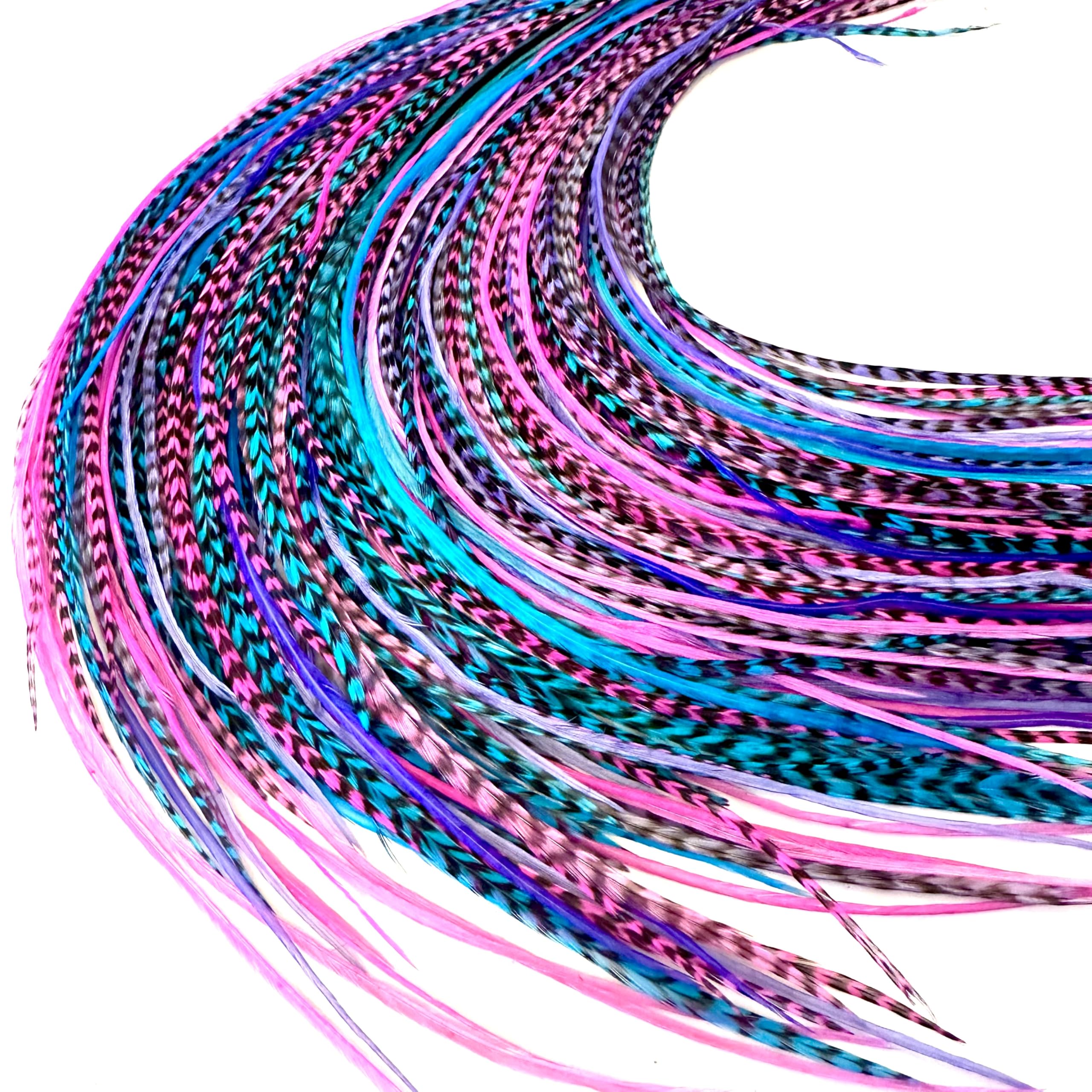 21 Purple Pink & Turquoise Color Hair Extensions – 9”–14” Long – DIY Rooster Kit with 20 Micro-Link Beads – 100% Real Feathers – Eye-Catching Boho