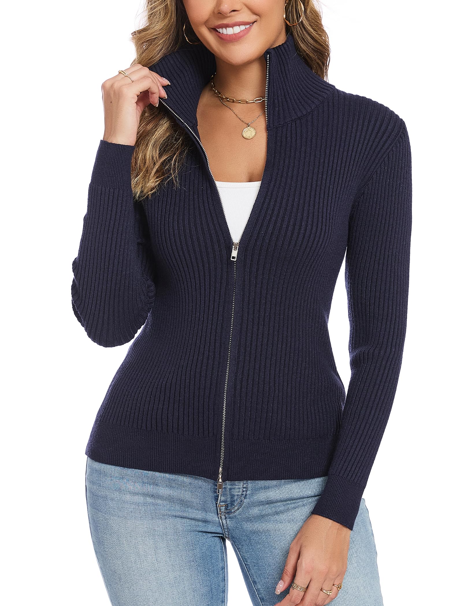 Dosieyeo Damen Strickjacke Langarm Stehkragen Cardigan mit Reißverschluss Leichte Gerippt Strickweste Casual Jacke für Alltag